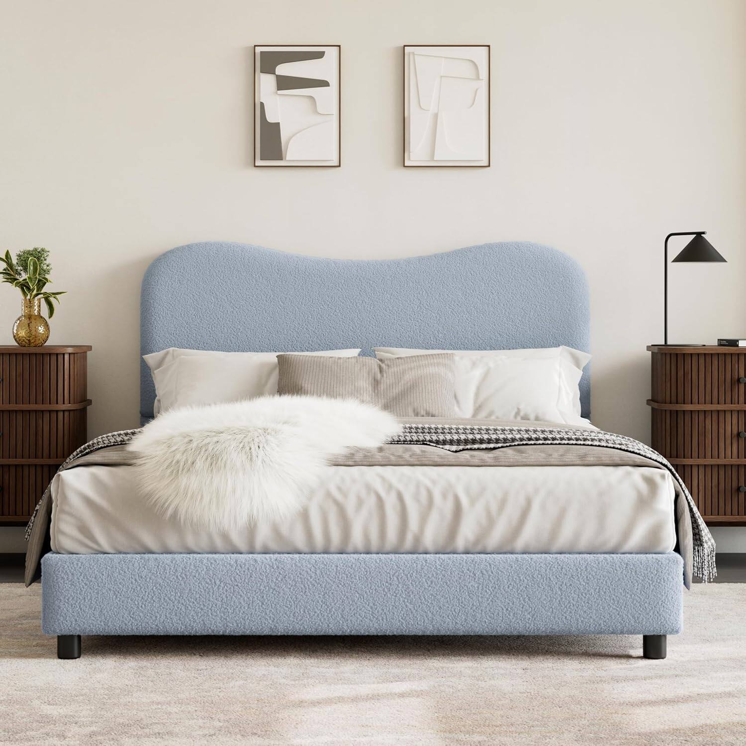 Left. Qeetex - Upholstered Kids Bed Frame with Soft Boucle Fabric Headboard, Wooden Slats Support, Low Profile Frame - Blue.