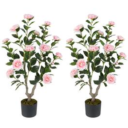 Costway - 2 PCS 36" Artificial Camellia Tree Fake Potted Tree Greenery Floral Plant Modern - Pink