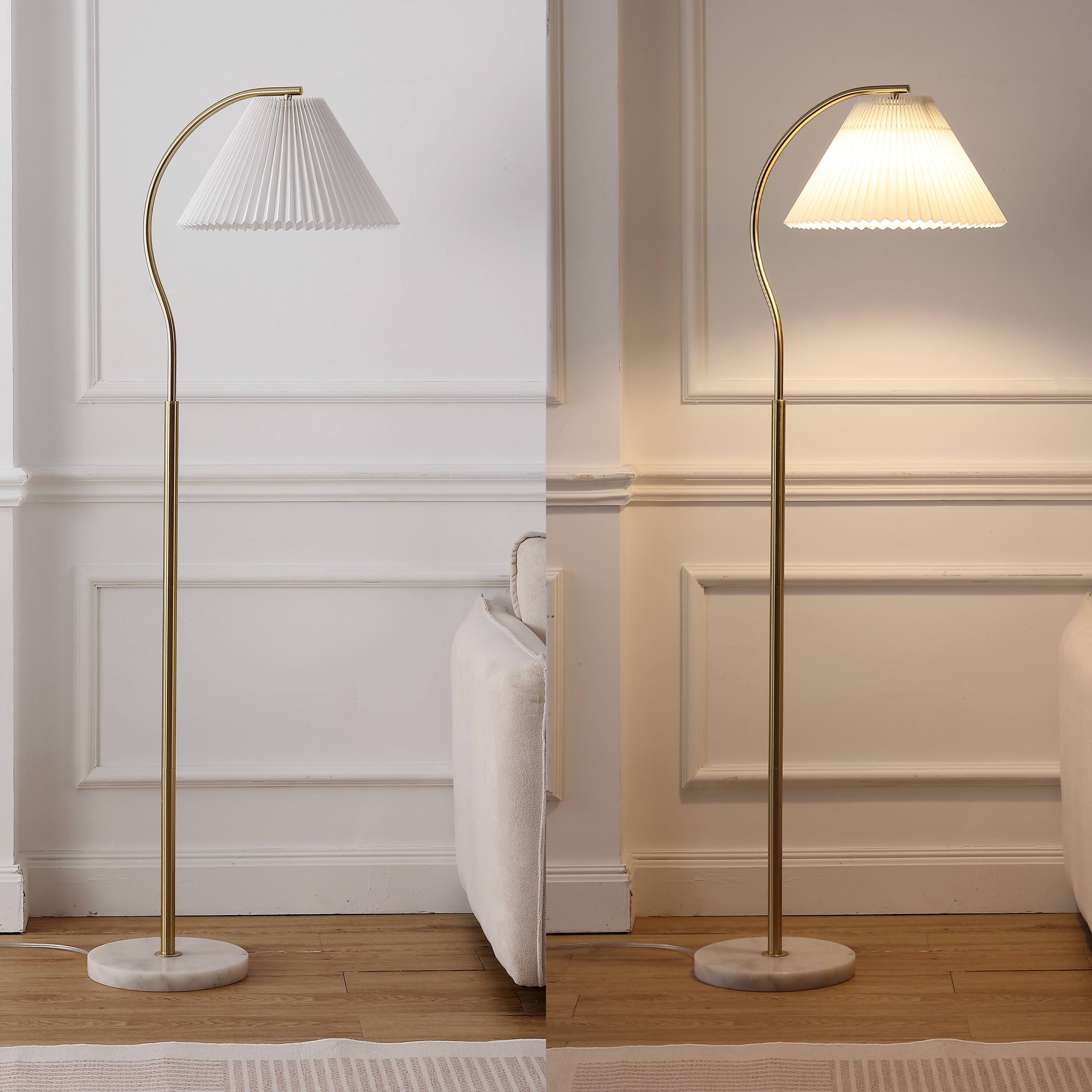 Alt View 3. Jonathan Y - Devon 60.5" Modern Glam Metal Arc LED Floor Lamp with Pleated Shade with Marble Base, Brass Gold/White - Brass Gold.