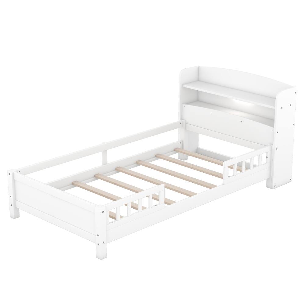 Alt View 8. Loheer - Loheer Twin Size Platform Bed, Wood Twin Bed with Built-in LED Light, Storage Headboard and Guardrail, White - White.