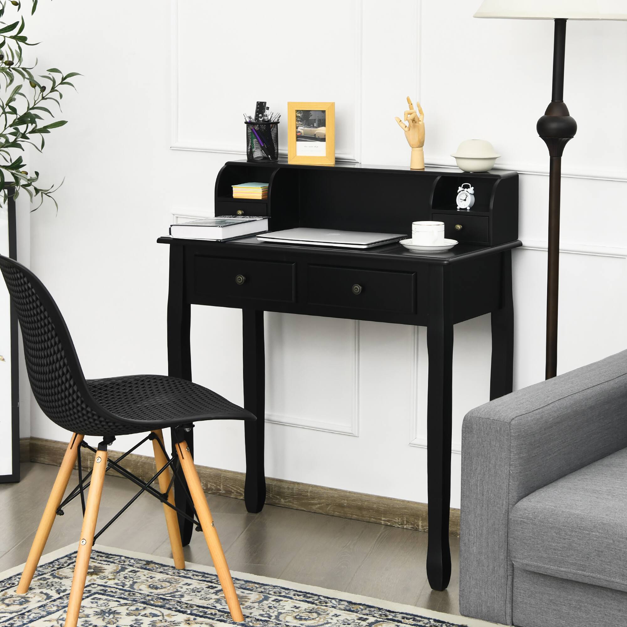 Alt View 5. Costway - Costway Writing Desk Makeup Vanity Table Home Office Computer Desk 4 Drawer - Black.