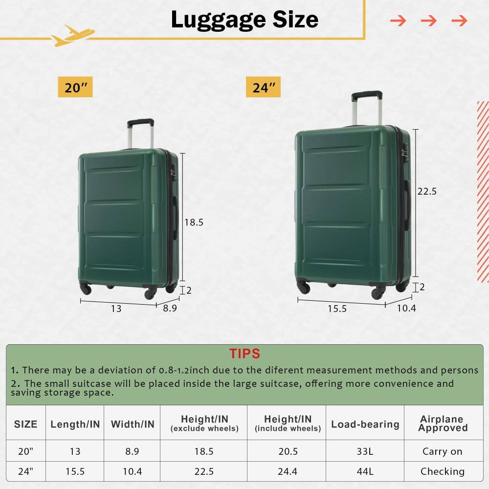 Luggage Size

20" 24"

TIPS
1. There may be a deviation of 0.8-1.2 inch due to the different measurement methods and persons.
2. The small suitcase will be placed inside the large suitcase, offering more convenience and saving storage space.

SIZE | Length/IN | Width/IN | Height/IN (exclude wheels) | Height/IN (include wheels) | Load-bearing | Airplane Approved
20" | 13 | 8.9 | 18.5 | 20.5 | 33L | Carry on
24" | 15.5 | 10.4 | 22.5 | 24.4 | 44L | Checking