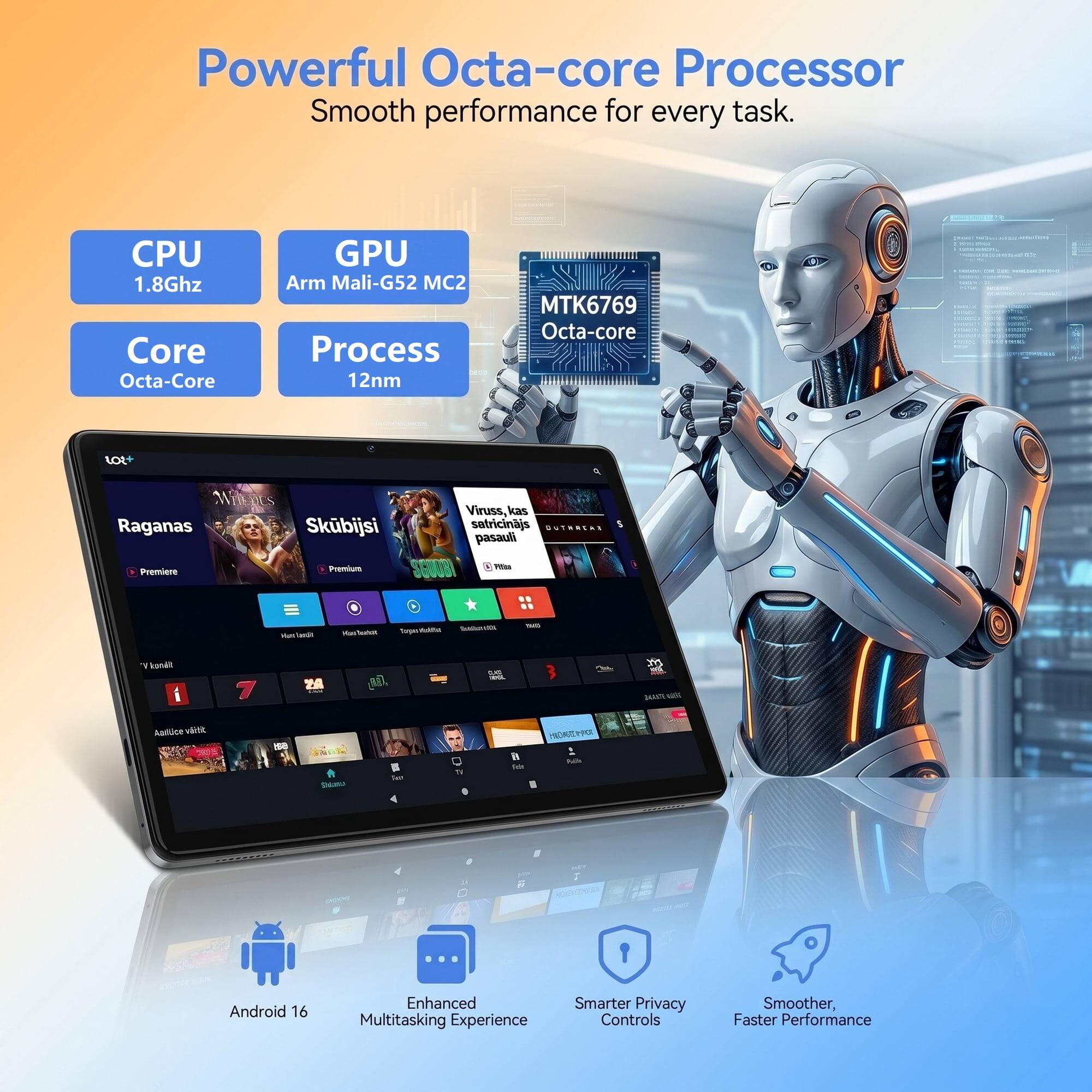 Powerful Octa-core Processor  
Smooth performance for every task.

- CPU: 1.8Ghz
- Core: Octa-Core
- GPU: Arm Mali-G52 MC2
- Process: 12nm
- MT6769 Octa-core

Android 16  
Enhanced Multitasking Experience  
Smarter Privacy Controls  
Smoother, Faster Performance