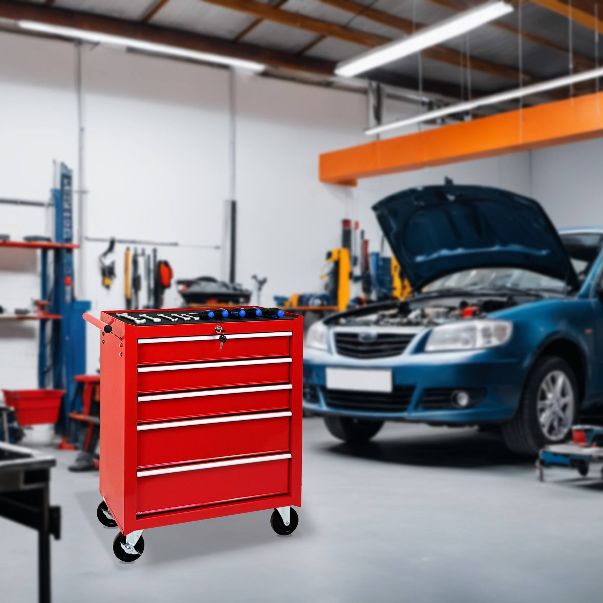 Alt View 4. Boyel Living - RED 5-Drawer Rolling Tool Chest w/Lock & Key, Tool Storage Cabinet with Wheels.