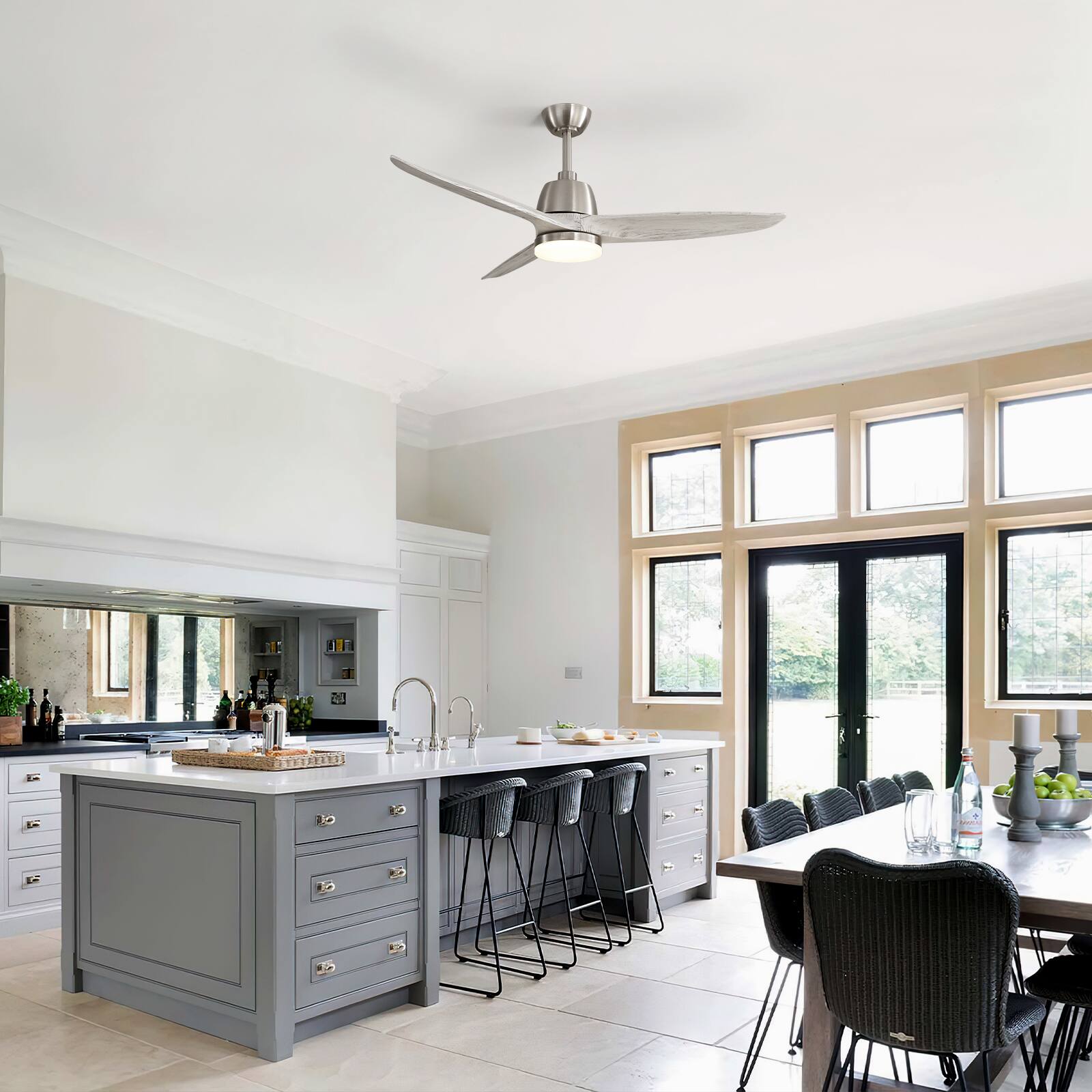 Angle. Sofucor - 56'' Ceiling Fan with Light & Remote & Dimmable LED Reversible DC Modern Farmhouse Large Ceiling Fan for Kitchen Bedroom - Nickel- Grey Wood.