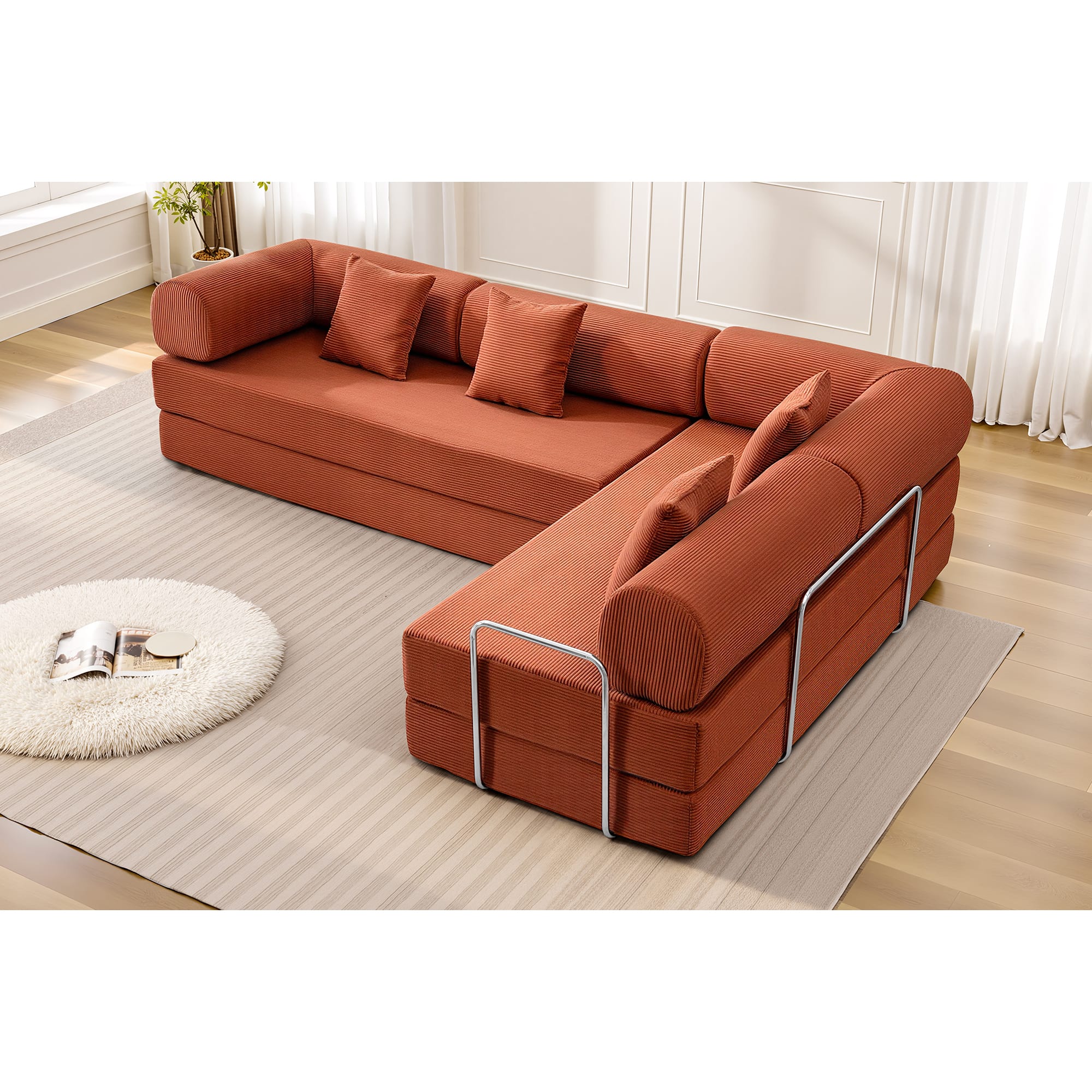 KERDOM - L-Shaped Corduroy Couch Chaise Lounge, 78'' Foldable Sofa Bed 2pcs Combined, Spliced Block Modular Sectional Sponge Sofa - Pumkin Brown