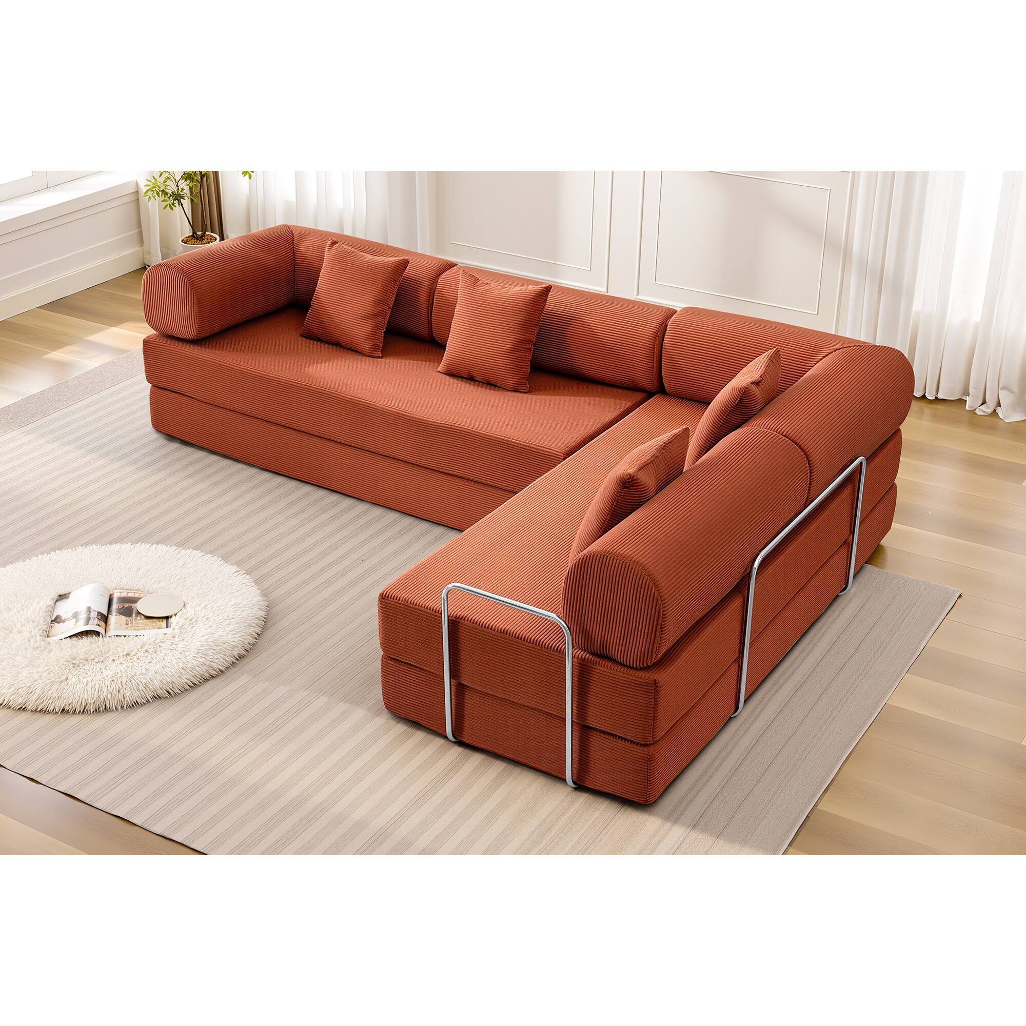 Front. KERDOM - L-Shaped Corduroy Couch Chaise Lounge, 78'' Foldable Sofa Bed 2pcs Combined, Spliced Block Modular Sectional Sponge Sofa - Pumkin Brown.