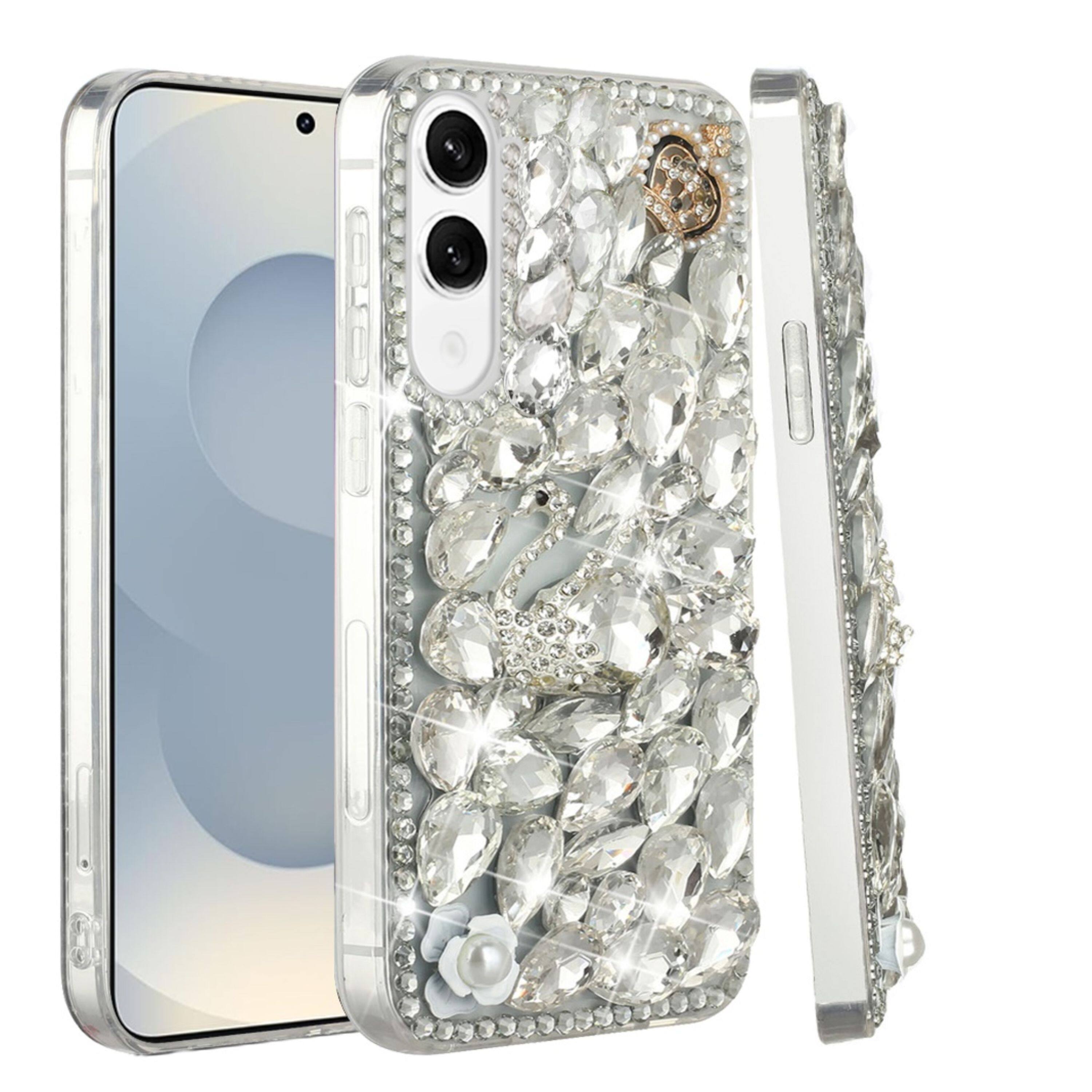 Front. Kitcheniva - Full Diamond Bling 3D Jewel Ornaments With Tempered Glass For Samsung Galaxy S25 Edge Silver Swan Crown Pearl - Multicolor.