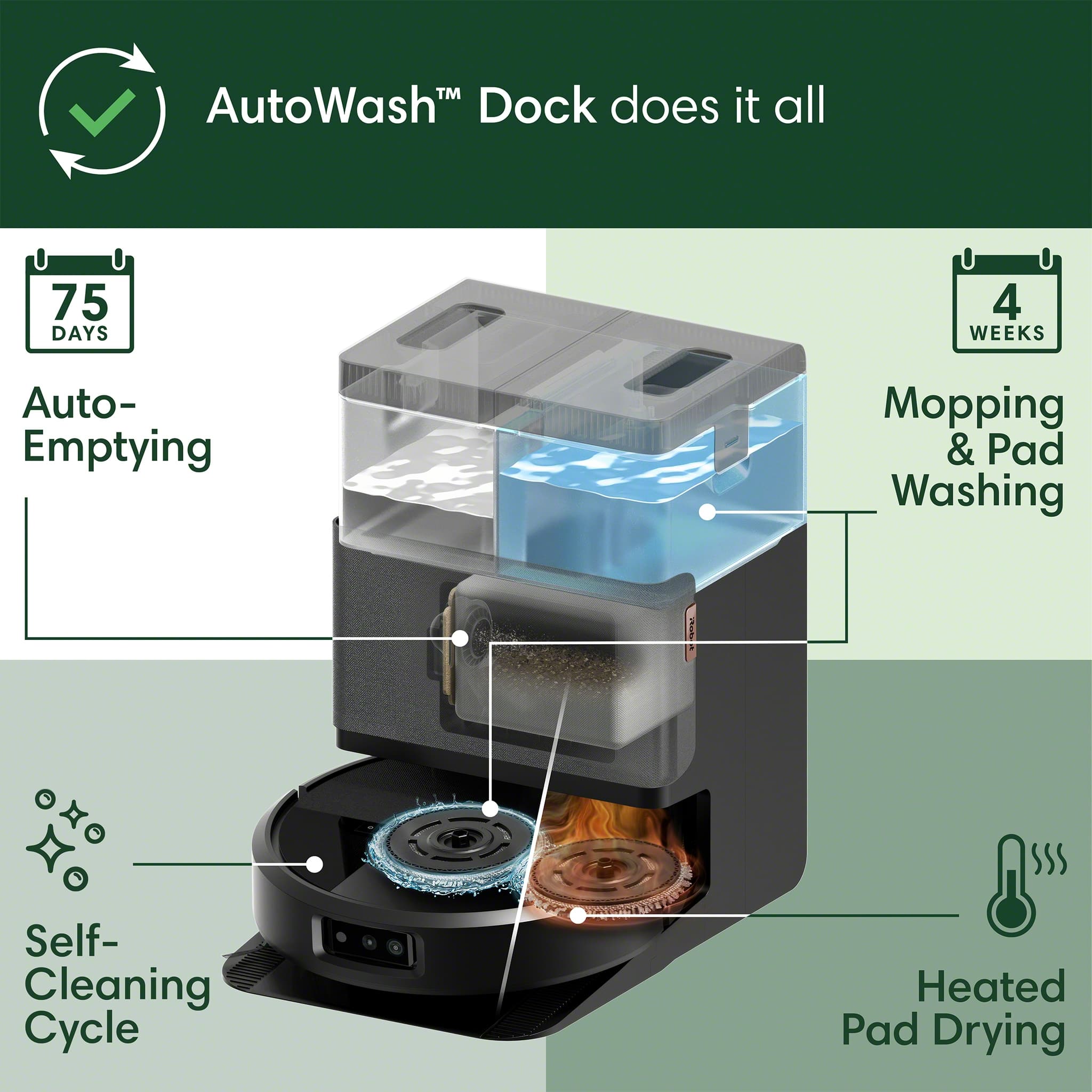 The AutoWash Dock does it all, including auto-emptying, mopping, and pad washing. It features a self-cleaning cycle and heated pad drying, making it a versatile and convenient appliance for maintaining cleanliness and hygiene.