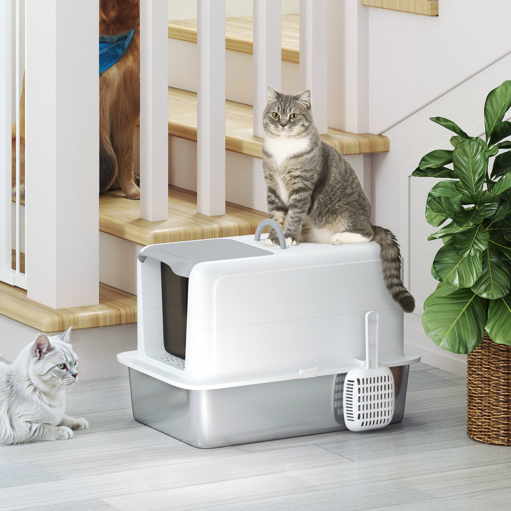 Alt View 4. Pawhut - Cat Litter Box, 2 in 1 Kitty Litter Pan with Lid & Scoop, Filter Bags, High Enclosure, Small to Large Kittens - White.