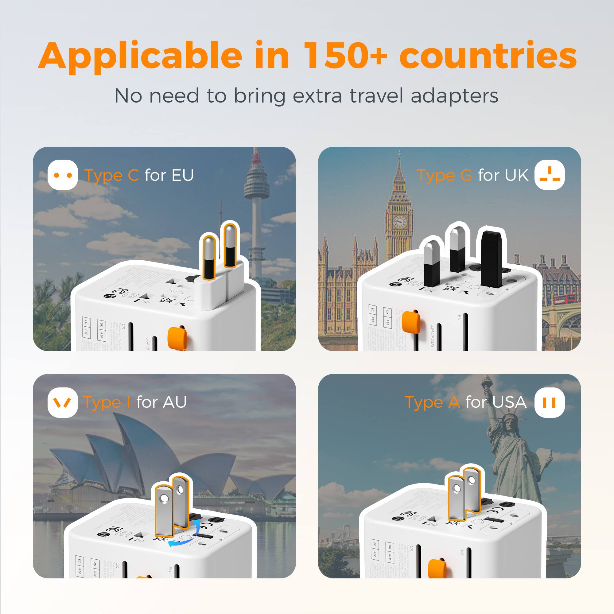 Applicable in 150+ countries  
No need to bring extra travel adapters  
Type C for EU  
Type G for UK  
Type I for AU  
Type A for USA