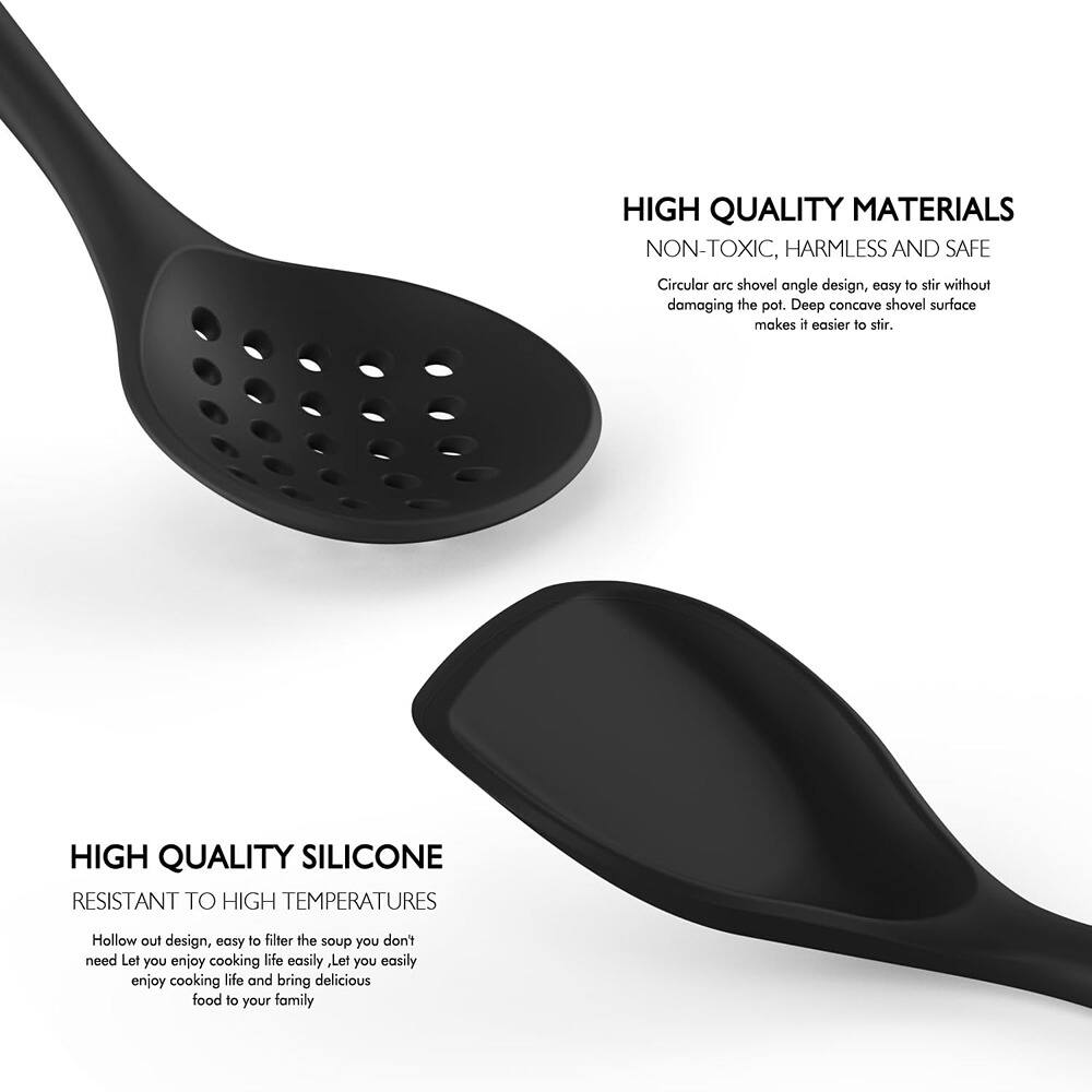 **HIGH QUALITY MATERIALS**  
NON-TOXIC, HARMLESS AND SAFE  
Circular arc shovel angle design, easy to stir without damaging the pot. Deep concave shovel surface makes it easier to stir.

**HIGH QUALITY SILICONE**  
RESISTANT TO HIGH TEMPERATURES  
Hollow out design, easy to filter the soup you don't need. Let you enjoy cooking life easily, Let you easily enjoy cooking life and bring delicious food to your family.
