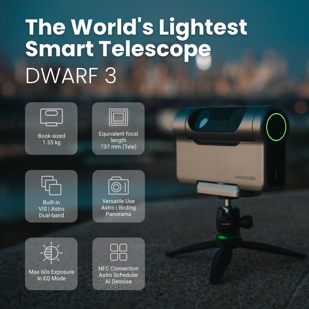 The World's Lightest Smart Telescope  
DWARF 3  

- Book-sized 1.35 kg  
- Equivalent focal length 737 mm (Tele)  
- Built-in VIS | Astro Dual-band  
- Versatile Use Astro | Birding Panorama  
- Max 60s Exposure In EQ Mode  
- NFC Connection Astro Scheduler AI Denoise