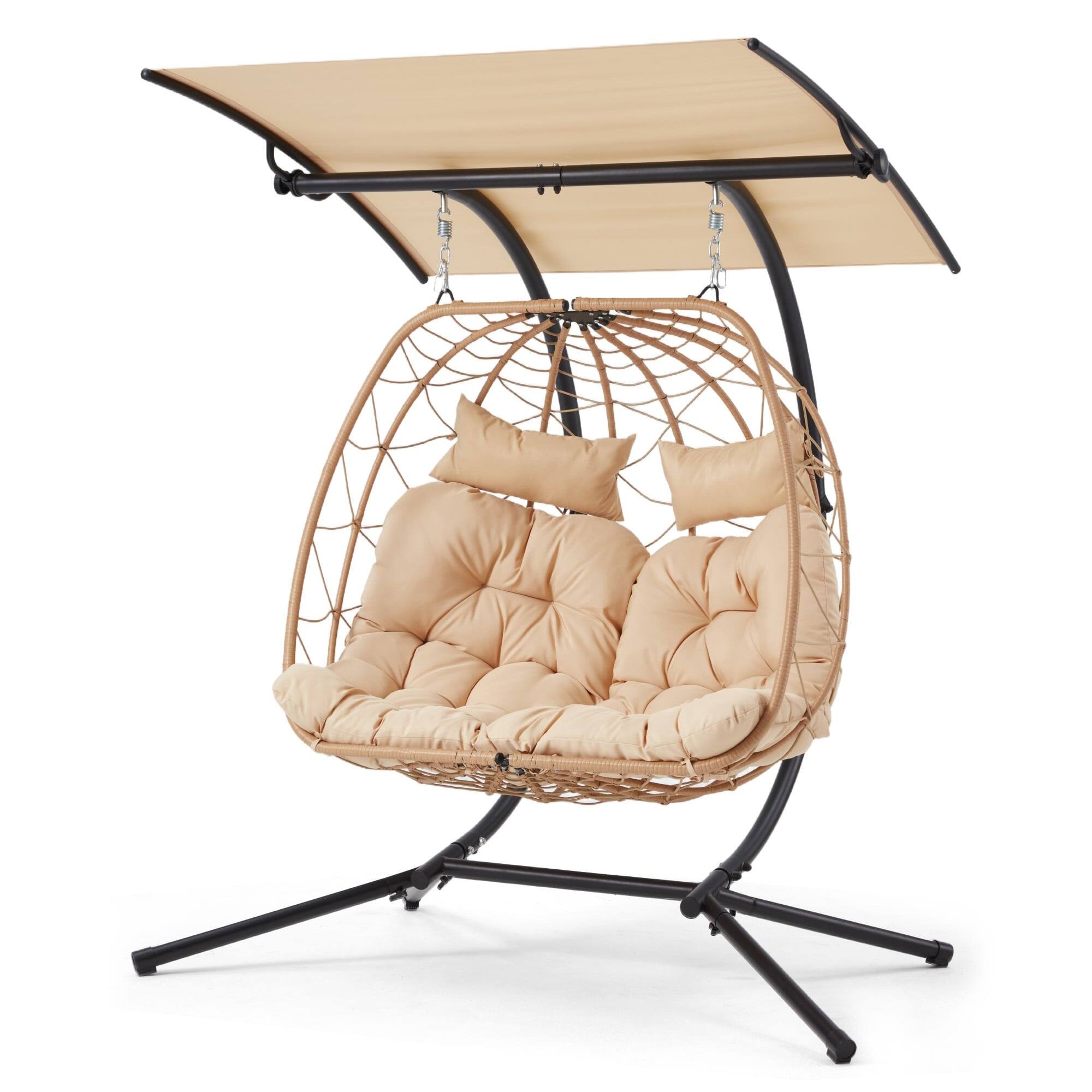 Alt View 6. U-HOMY - Trapezoid Rattan Hanging Swing Chair for 2 – Indoor/Outdoor Patio with Canopy - Beige.