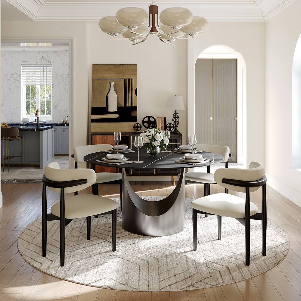 Angle. POVISON - 51" Round Dining Table Black Matte Sintered Stone with U-shaped Gray Steel Base - Black Matte Sintered Stone with Gray Steel Base.