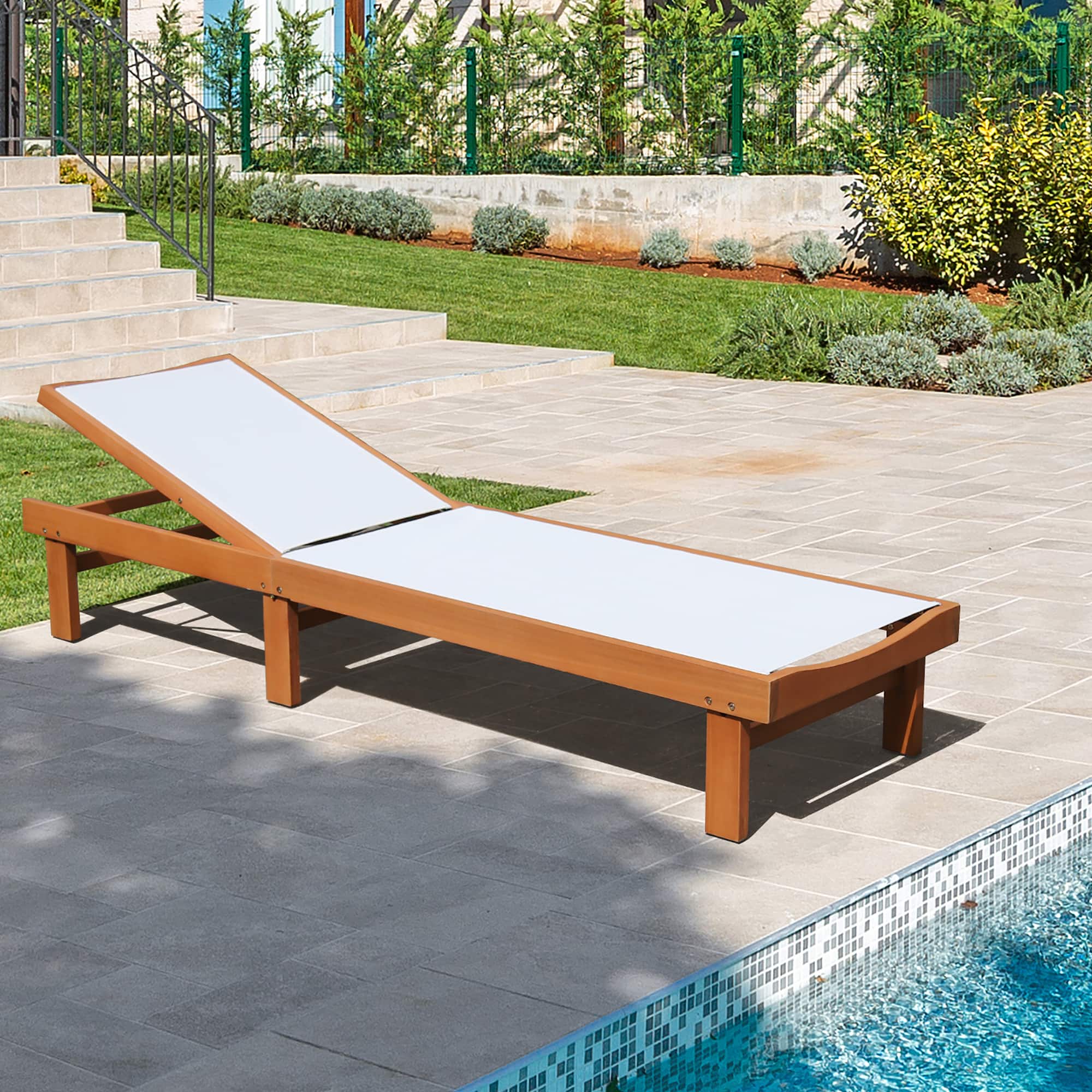Gymax - Wooden Chaise Lounge Chair Recliner Patio Outdoor w/ Adjustable Backrest - Teak and White price history on PriceWatchPro