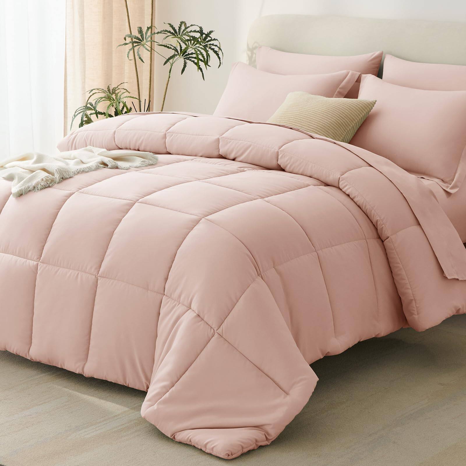 Front. Stylel Star - Black Queen Comforter Set With Sheets - 7 Pieces Bed In A Bag Bedding Sets All Season Soft 7pc Flat Sheet Fitted - Blush Pink-Full.