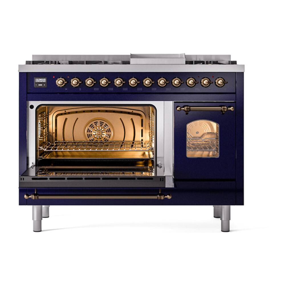 Alt View 5. ILVE - ILVE Nostalgie II Series 48 in. Dual Fuel Range with 8 Sealed Burners + Griddle (Natural Gas, Burnished Trim) - Midnight Blue.