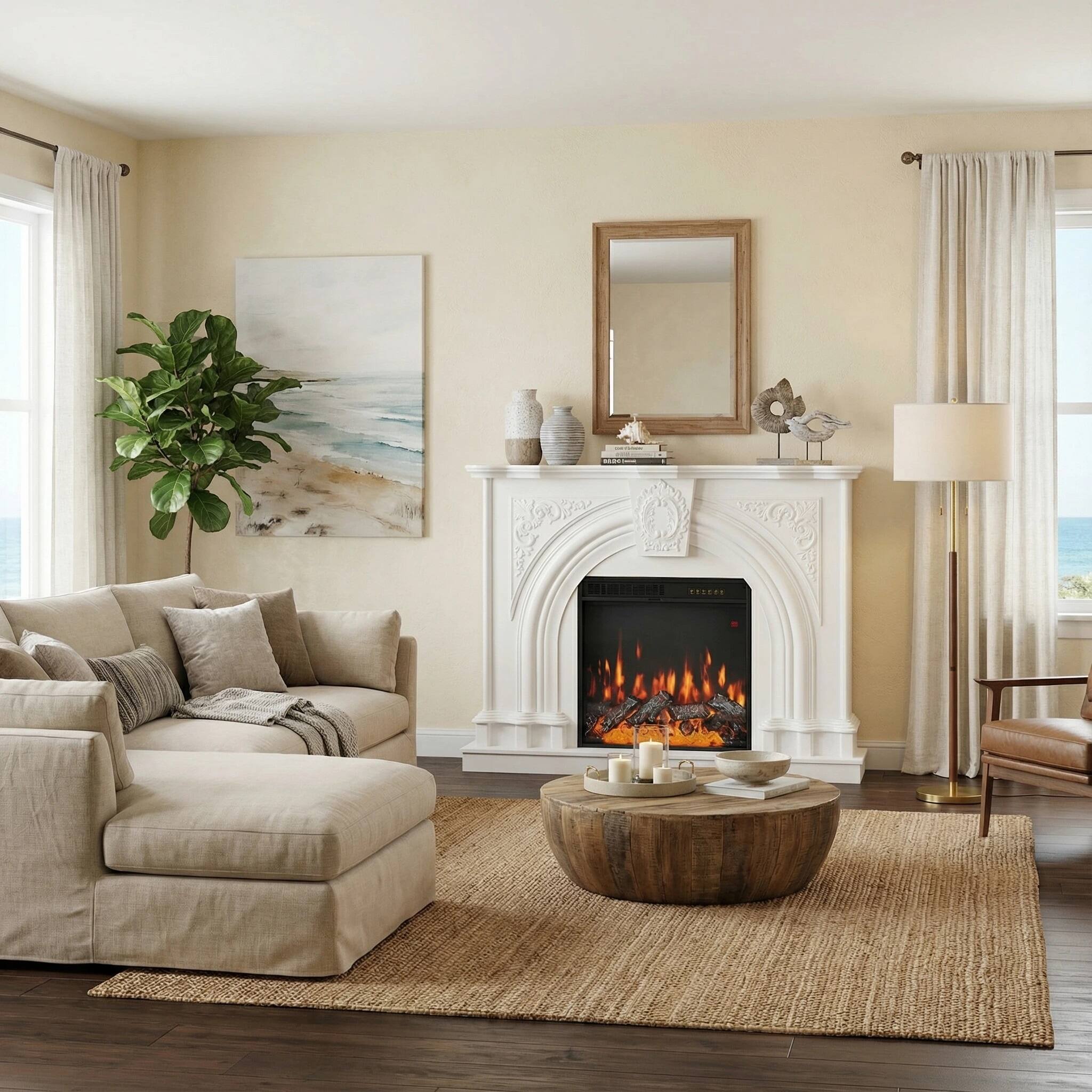 Alt View 1. FUFU&GAGA - Carved Electric Fireplace Mantel with 12-Color Flame, Freestanding Fireplace Heater, Classic American Style.