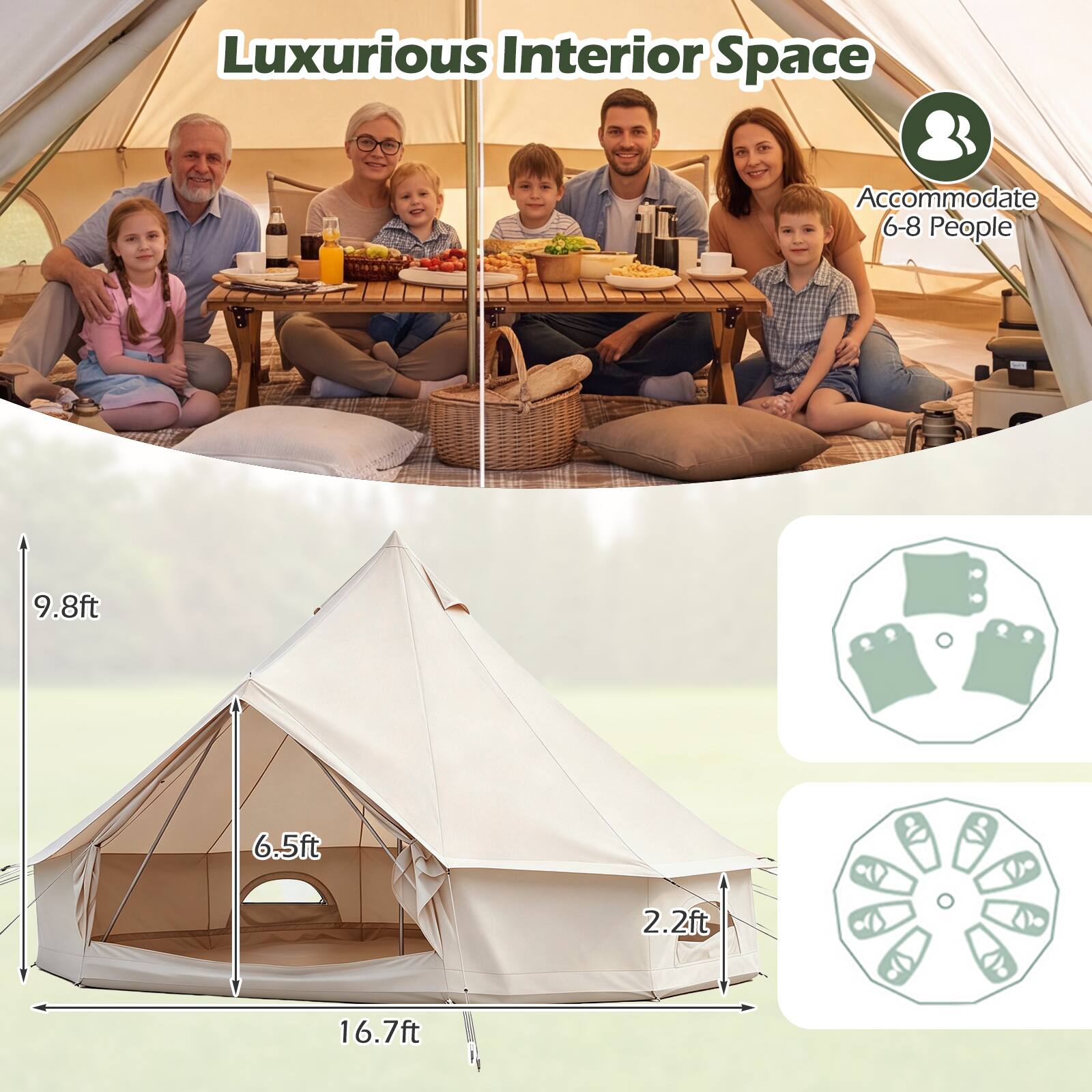 Luxurious Interior Space  
Accommodate 6-8 People  
9.8ft  
6.5ft  
2.2ft  
16.7ft