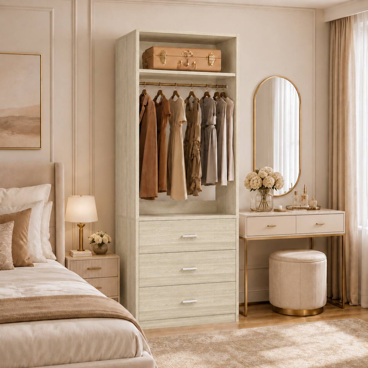 Aheaplus - 24" Freestanding Closet System,3 Wooden Drawers, Hanging Rod & Shelves - Space-Saving Organizer for Small Closets - White Oak