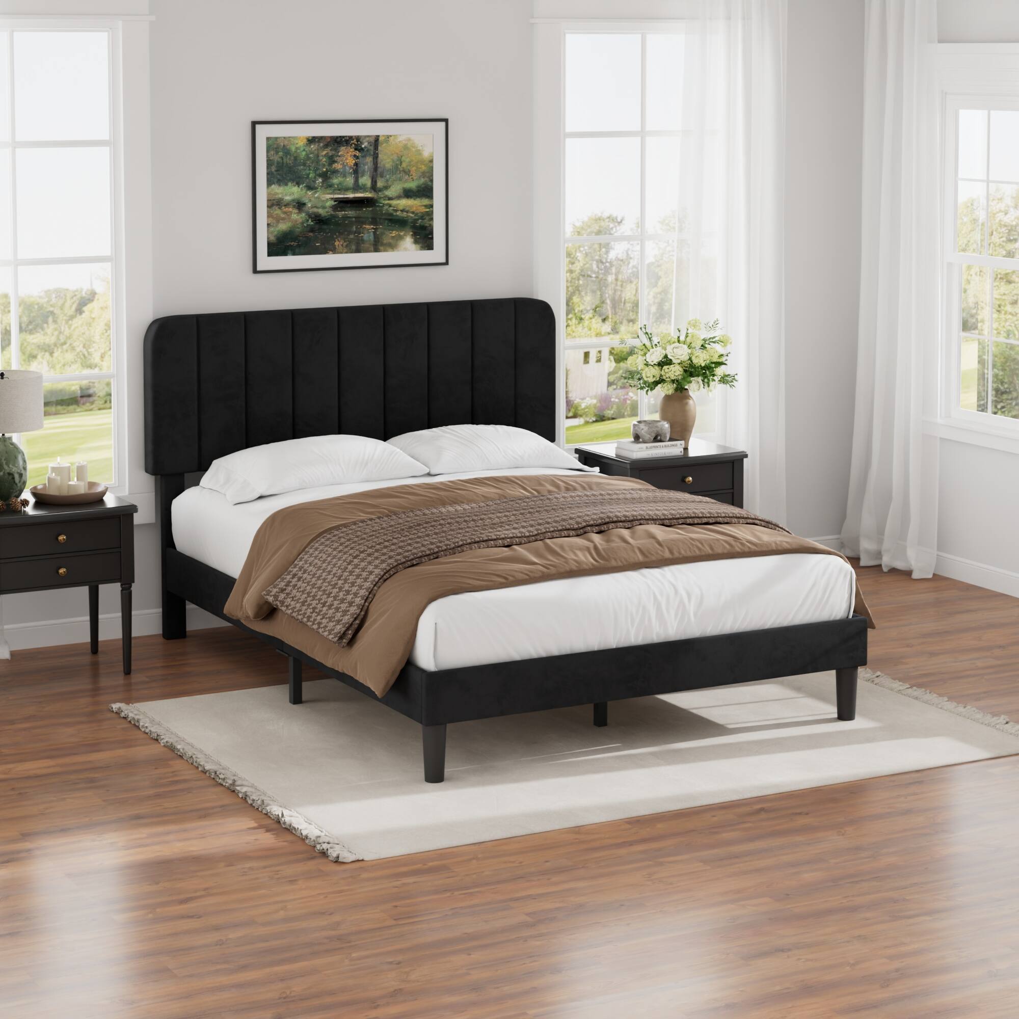 Alt View 3. Vecelo - Queen Bed Frame w/ Padded Headboard & Platform, Reinforced Wood Slats - No Box Spring, Velvet Dark Blue - Easy Assembly - Black.