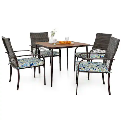 Front. Gymax - Gymax 5 PCS Patio Dining Set w/ Wood-Plastic Tabletop & Umbrella Hole for Backyard - Mix Brown.