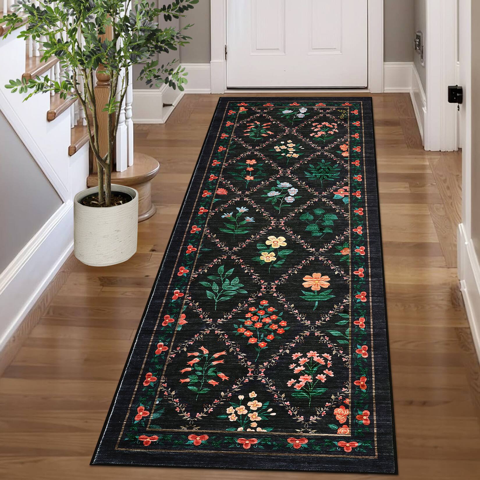 Angle. Jojoka - Geometric Pastoral Flower Pattern Washable Area Rug Modern Botanical Design with Non Slip Backing Rug for Home Decor - Black.