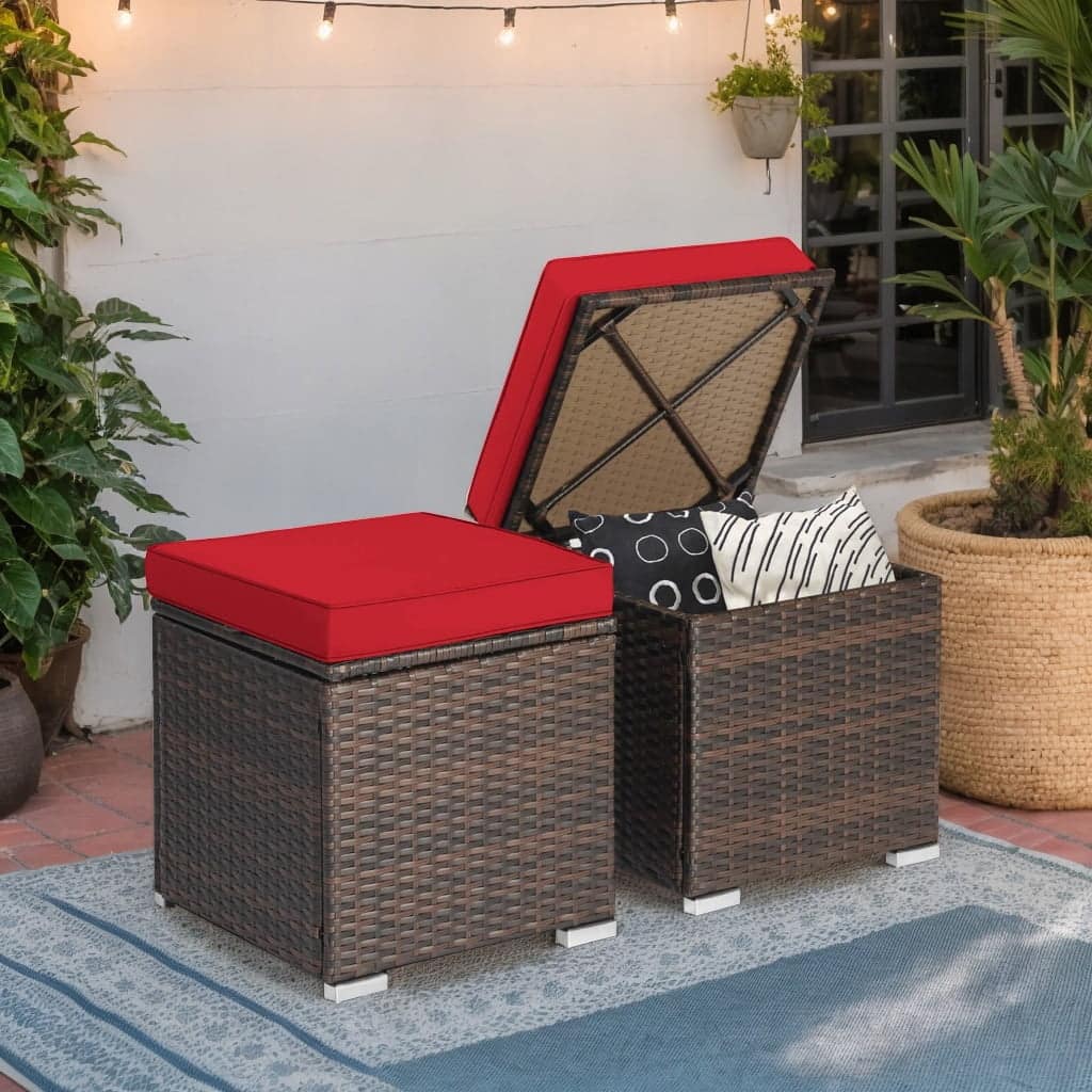 Kadyn - 2 Pieces Patio Ottoman with Removable Cushions- All Weather Wicker Ottoman, Outdoor Patio Ottomans - Red