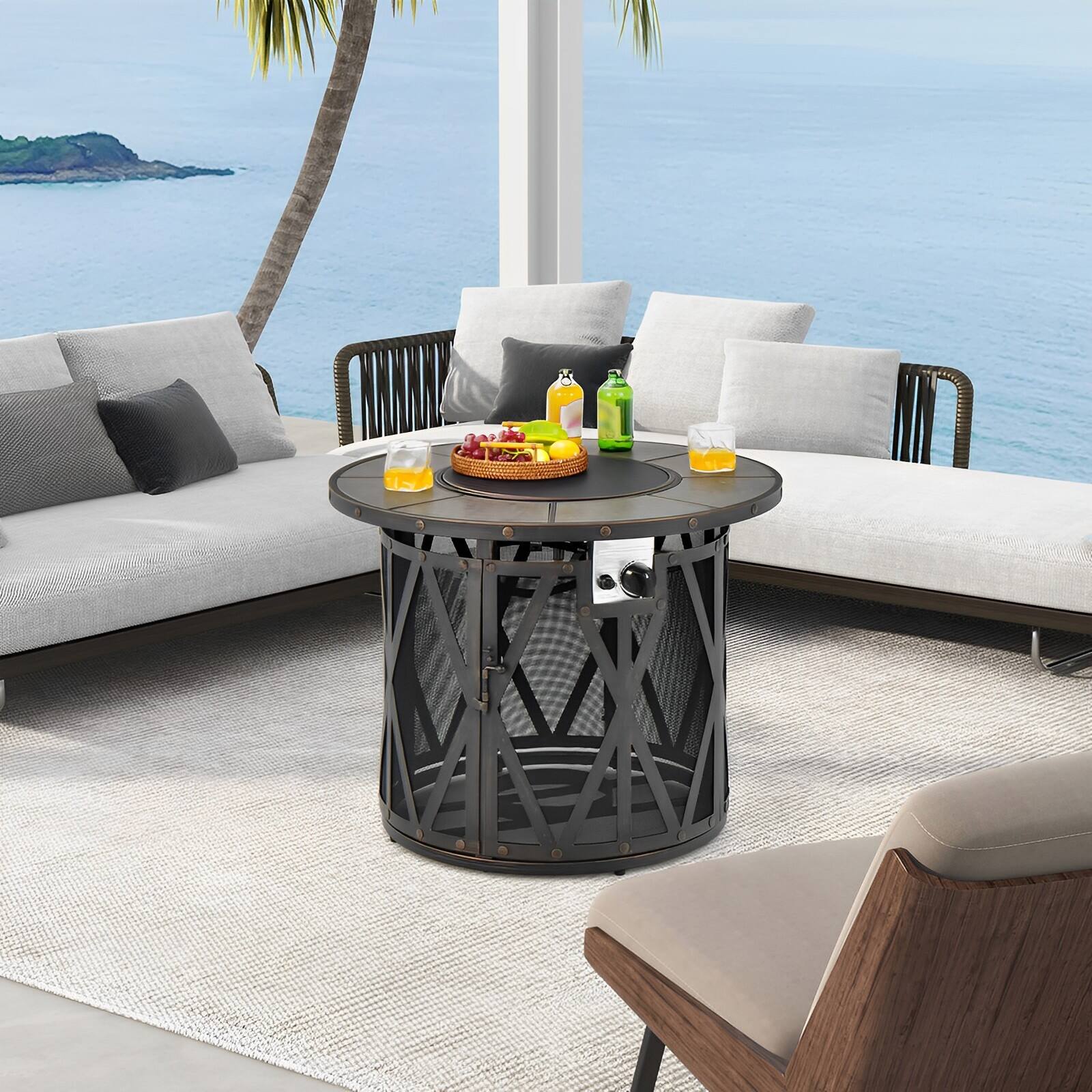 Angle. SKONYON - Outdoor Propane Fire Pit Table with Ceramic Tile Top 30000 BTU Output and Heavy Duty Frame.