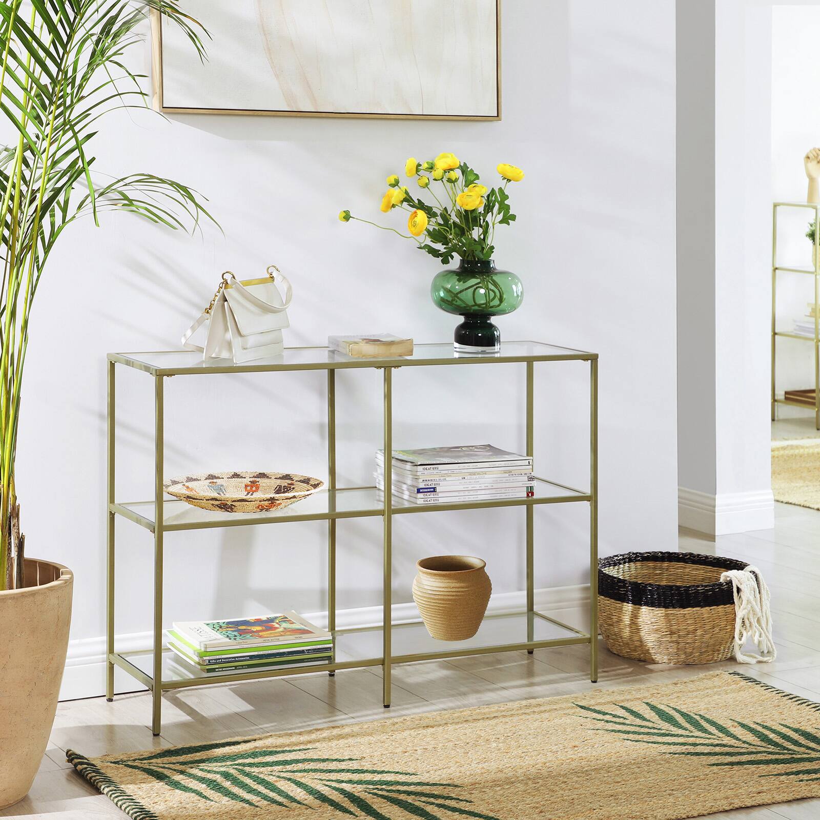 Angle. Songmics Home - 39.4 Inch Console Table with 3 Shelves, Sofa Table, Entryway Table, Metal Frame, Tempered Glass Shelf, Modern Style - Metallic Gold and Transparent.
