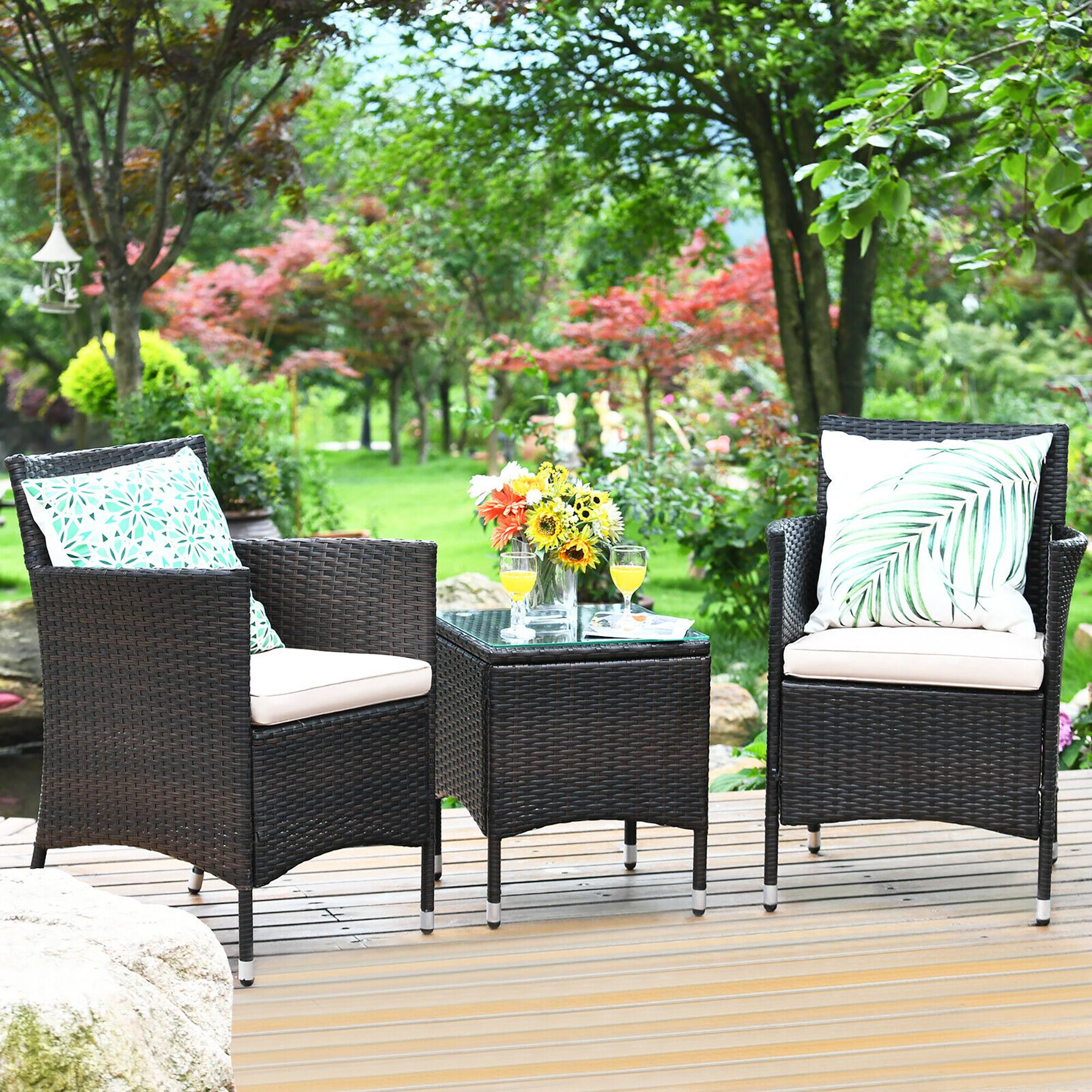 Alt View 1. Costway - Outdoor 3 PCS PE Rattan Wicker Furniture Sets Chairs  Coffee Table Garden - Beige.