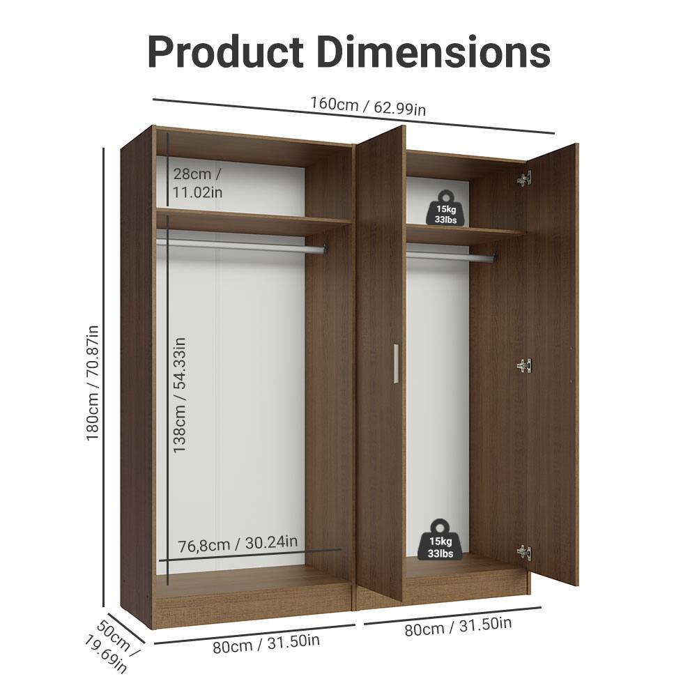 Product Dimensions

- Width: 160cm / 62.99in
- Height: 180cm / 70.87in
- Depth: 80cm / 31.50in
- Shelf Depth: 28cm / 11.02in
- Shelf Height: 138cm / 54.33in
- Bottom Shelf Height: 76.8cm / 30.24in
- Bottom Shelf Depth: 50cm / 19.69in
- Weight Capacity: 15kg / 33lbs