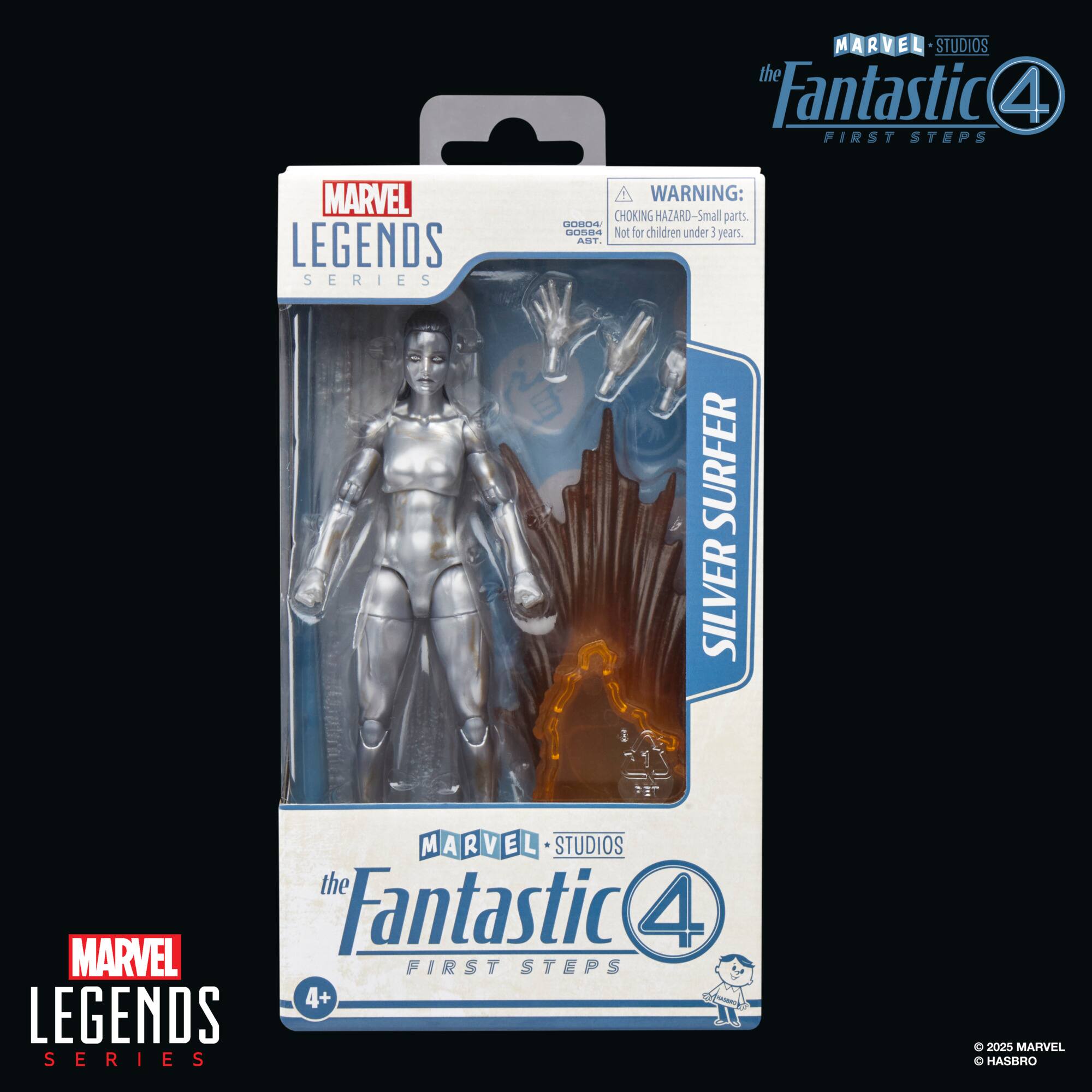 The image features a Marvel Legends Series action figure of the Silver Surfer, which is part of the Fantastic 4 First Steps series. The figure is displayed in a box, and the packaging warns that it contains small parts and is not suitable for children under the age of 3 due to choking hazard concerns. The figure is designed for collectors and fans of the Marvel universe.
