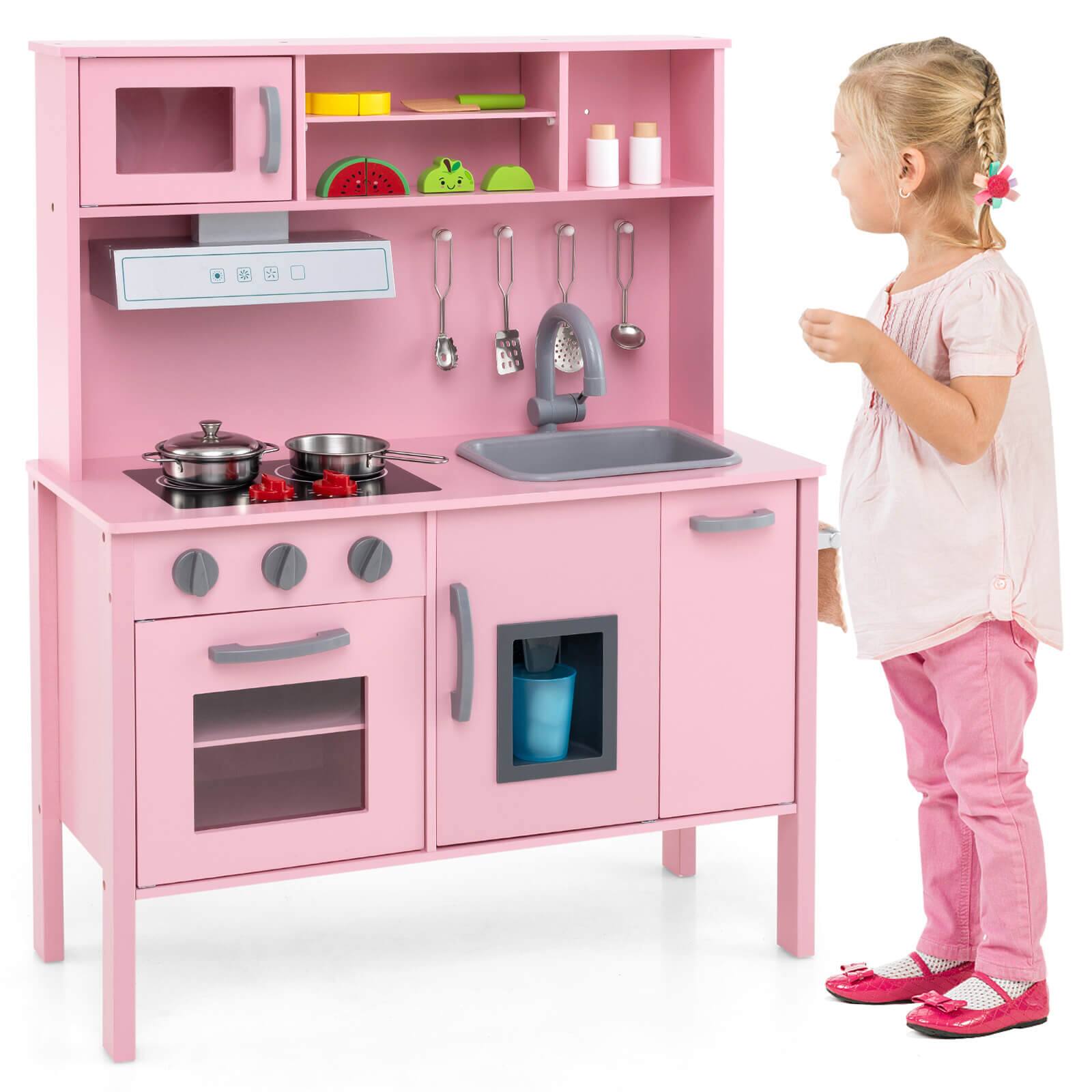 Alt View 9. Costway - Costway Kids Kitchen Playset Wooden Pretend Play Chef Toy with Microwave & Accessories - Pink.