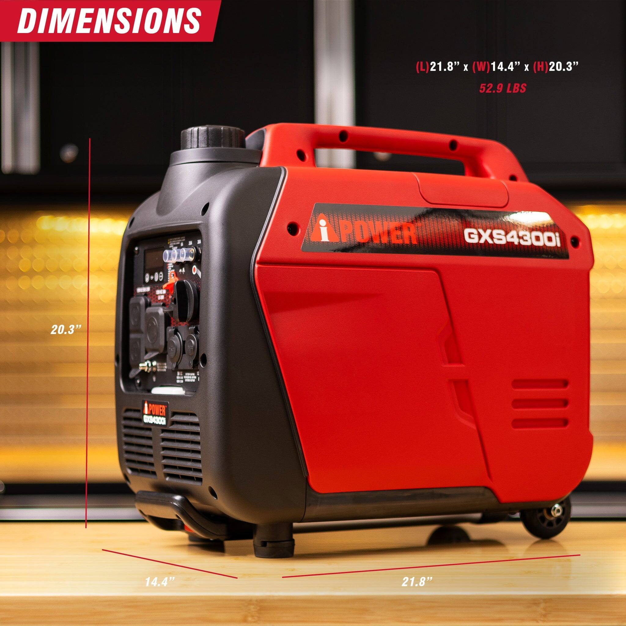 DIMENSIONS  
(L) 21.8" x (W) 14.4" x (H) 20.3"  
52.9 LBS  

POWER GX54300i  

20.3"  
14.4"  
21.8"
