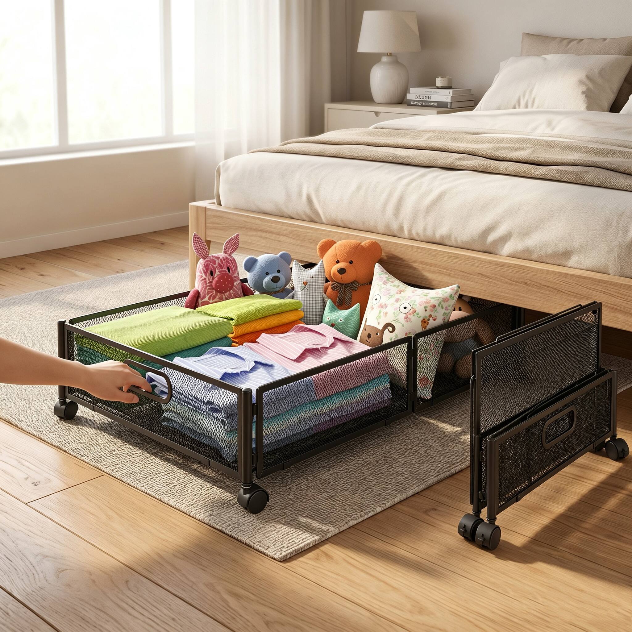Front. Malletson - 2 Packs Under Bed Organizer Drawer for Clothes, Toy, Foldable Containers with Wheels  (Metal) - Black.