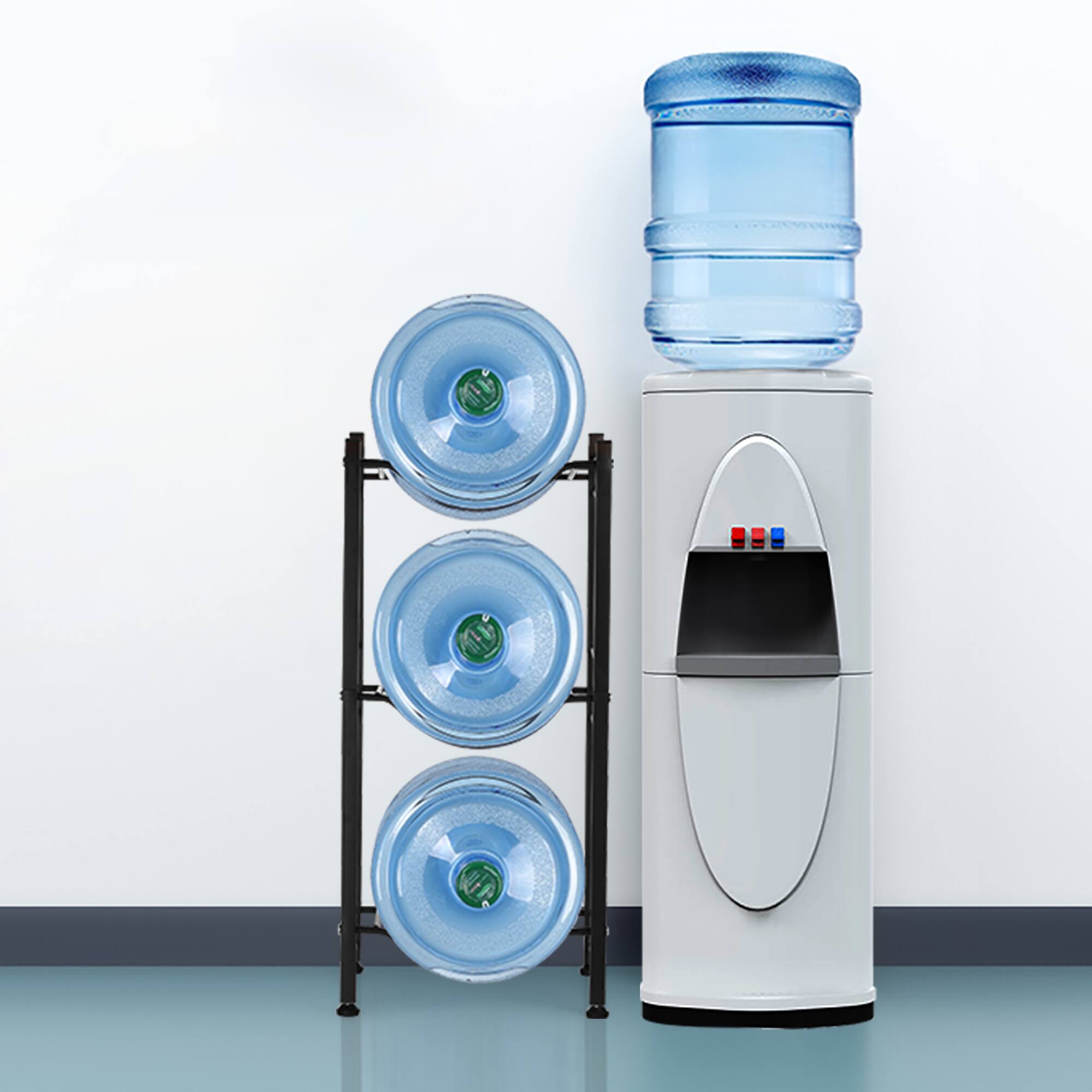 Angle. Oumilen - Black 3-Tier Square Tube Water Jug Rack, 5 Gallon Water Bottle Storage Stand with Adjustable Feet - Black.