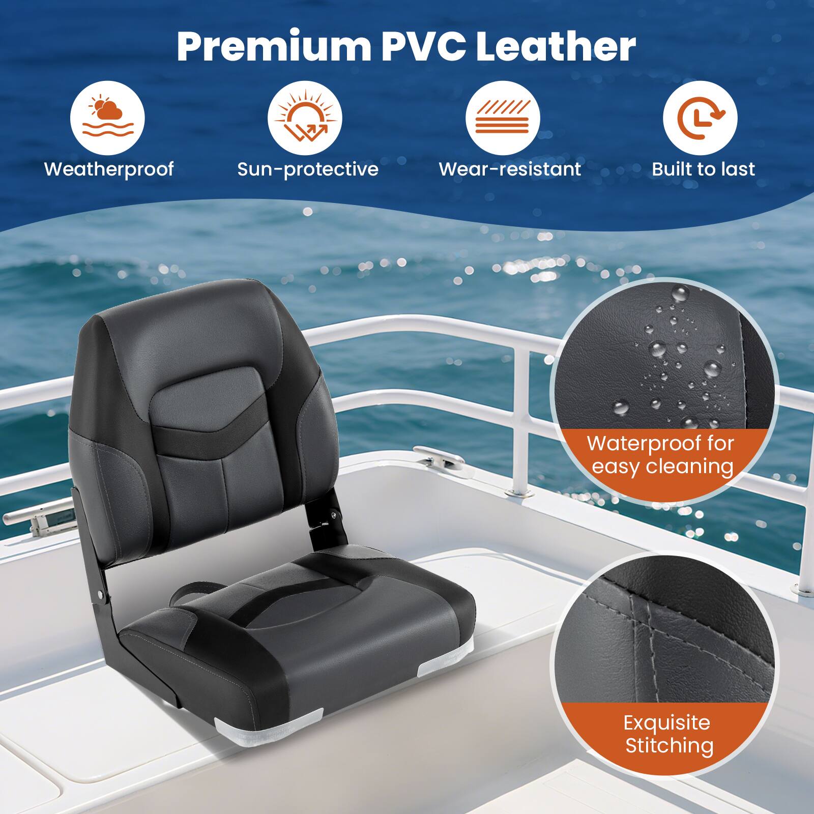 Premium PVC Leather  
Weatherproof  
Sun-protective  
Wear-resistant  
Built to last  
Waterproof for easy cleaning  
Exquisite Stitching