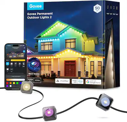 Govee Permanent Outdoor Lights 2
50 FT
Black Version
1440lm 4000K (100)
Works with Matter, Alexa, Google Home
Waterproof, Durable, Weatherproof, Solar-Powered