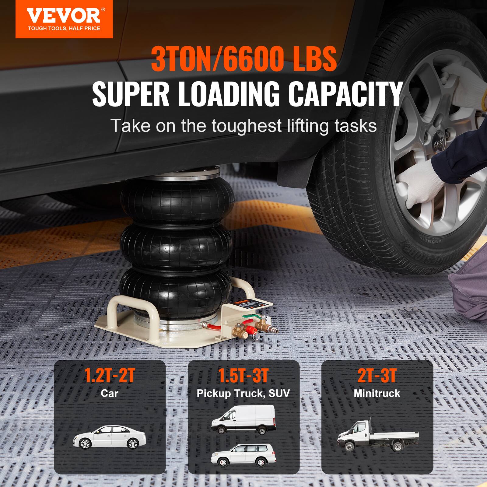 VEVOR TOUGH TOOLS. HALF PRICE. 3TON/6600 LBS SUPER LOADING CAPACITY. Take on the toughest lifting tasks. 1.2T-2T Car. 1.5T-3T Pickup Truck, SUV. 2T-3T Minitruck.