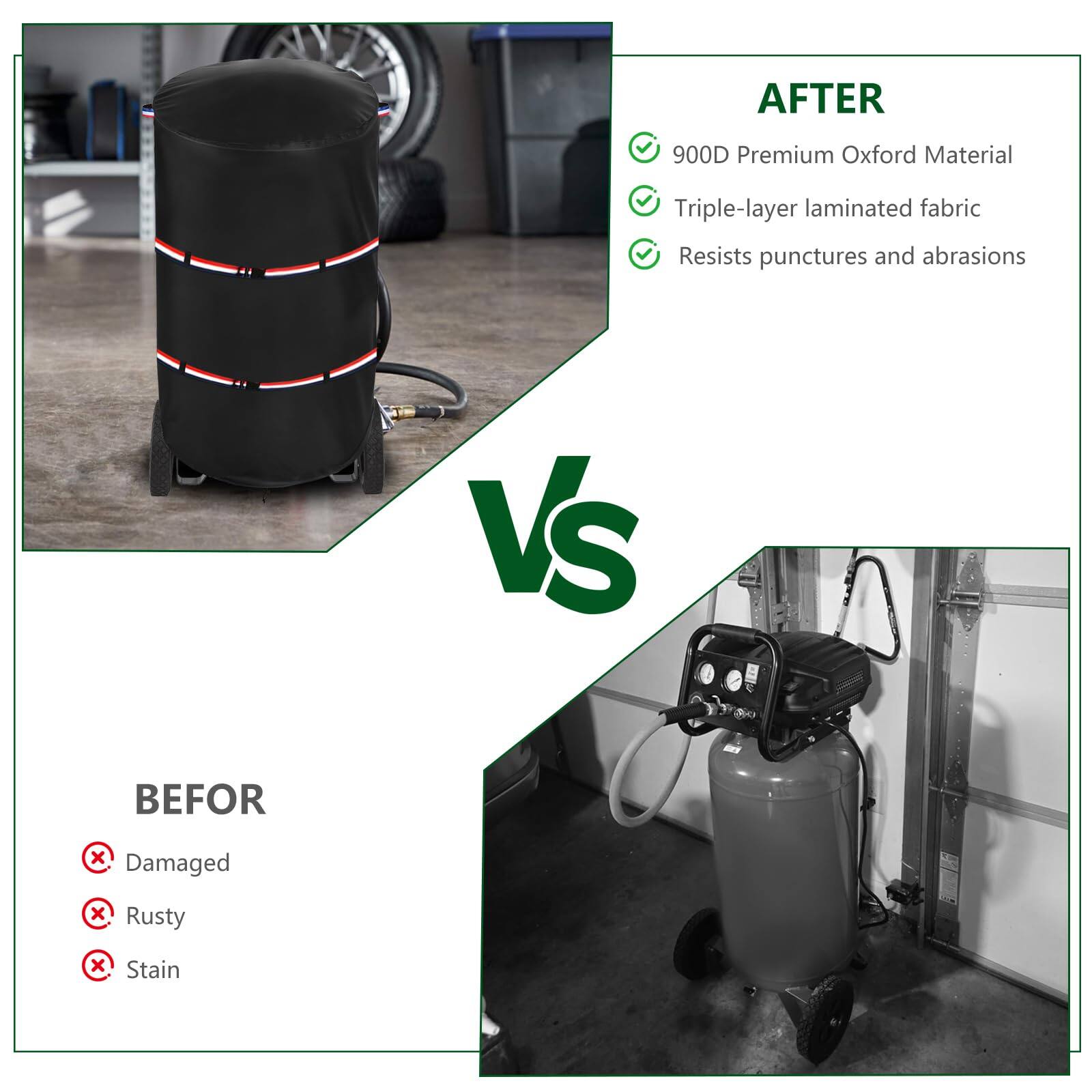 AFTER  
- 900D Premium Oxford Material  
- Triple-layer laminated fabric  
- Resists punctures and abrasions  

BEFORE  
- Damaged  
- Rusty  
- Stain