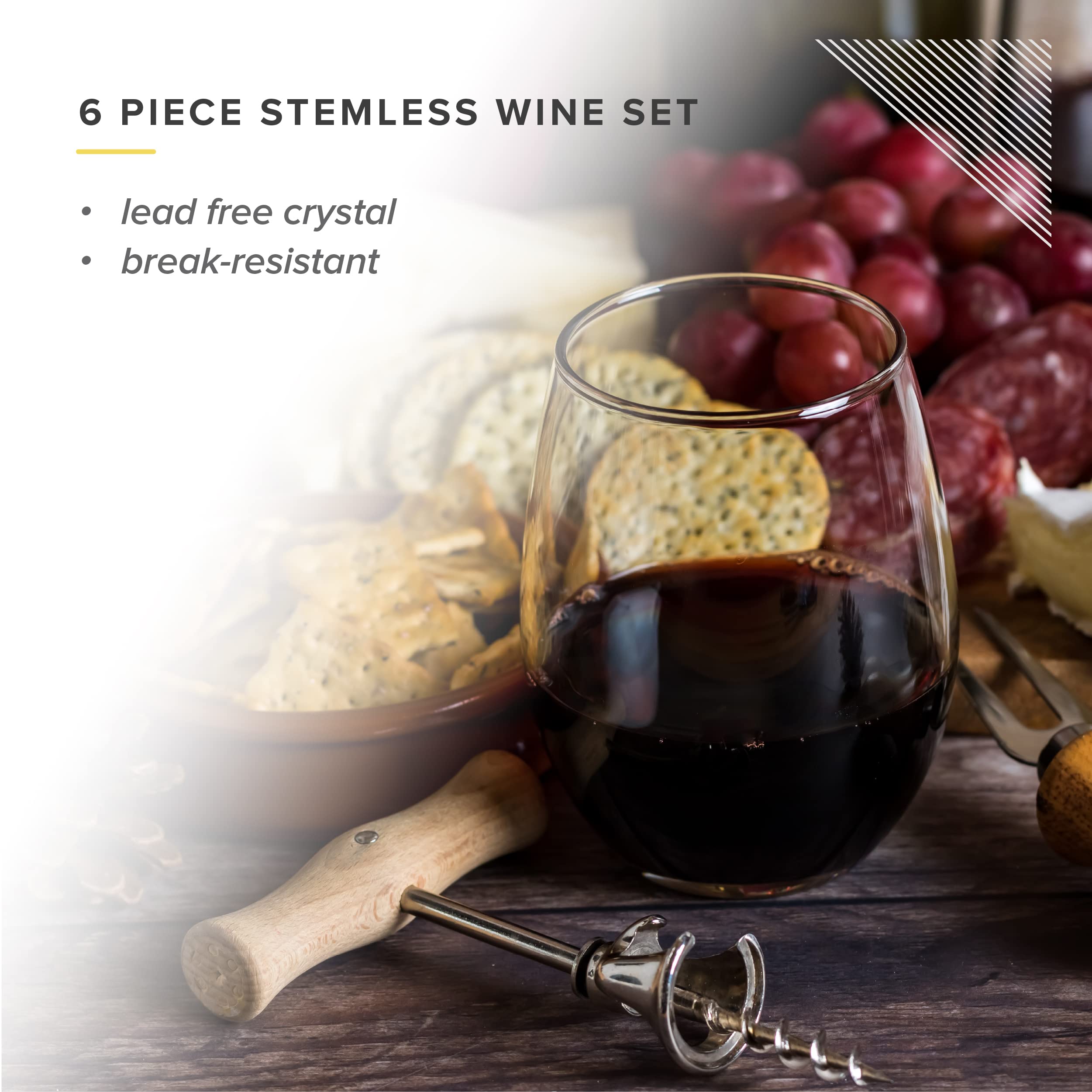 6 PIECE STEMLESS WINE SET - LEAD FREE CRYSTAL - BREAK-RESISTANT