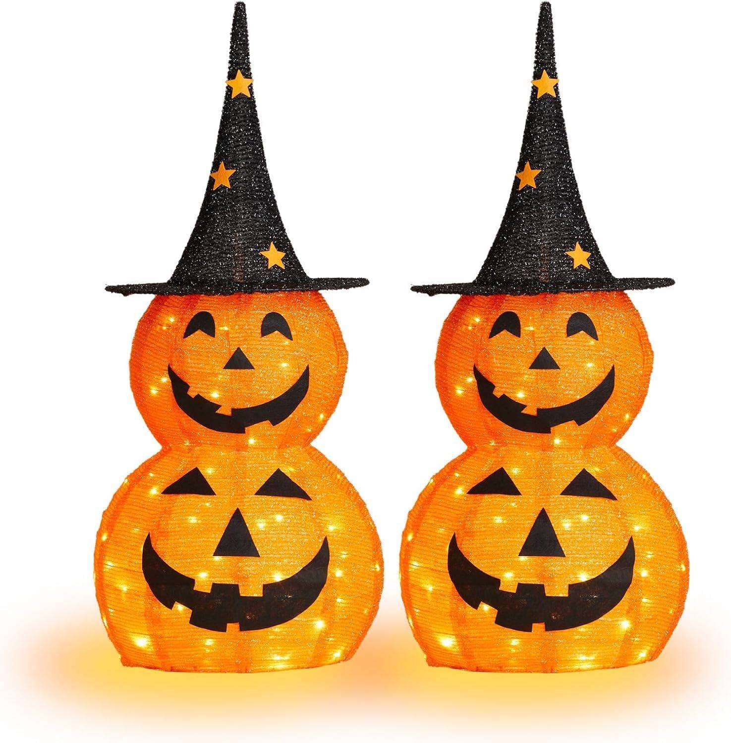 Alt View 1. Winado - Halloween 2PCS 3FT Light Up Stacked Pumpkins with Hat, Lights Decoration for Holiday Indoor Outdoor Garden Porch Lawn - Orange & Black.