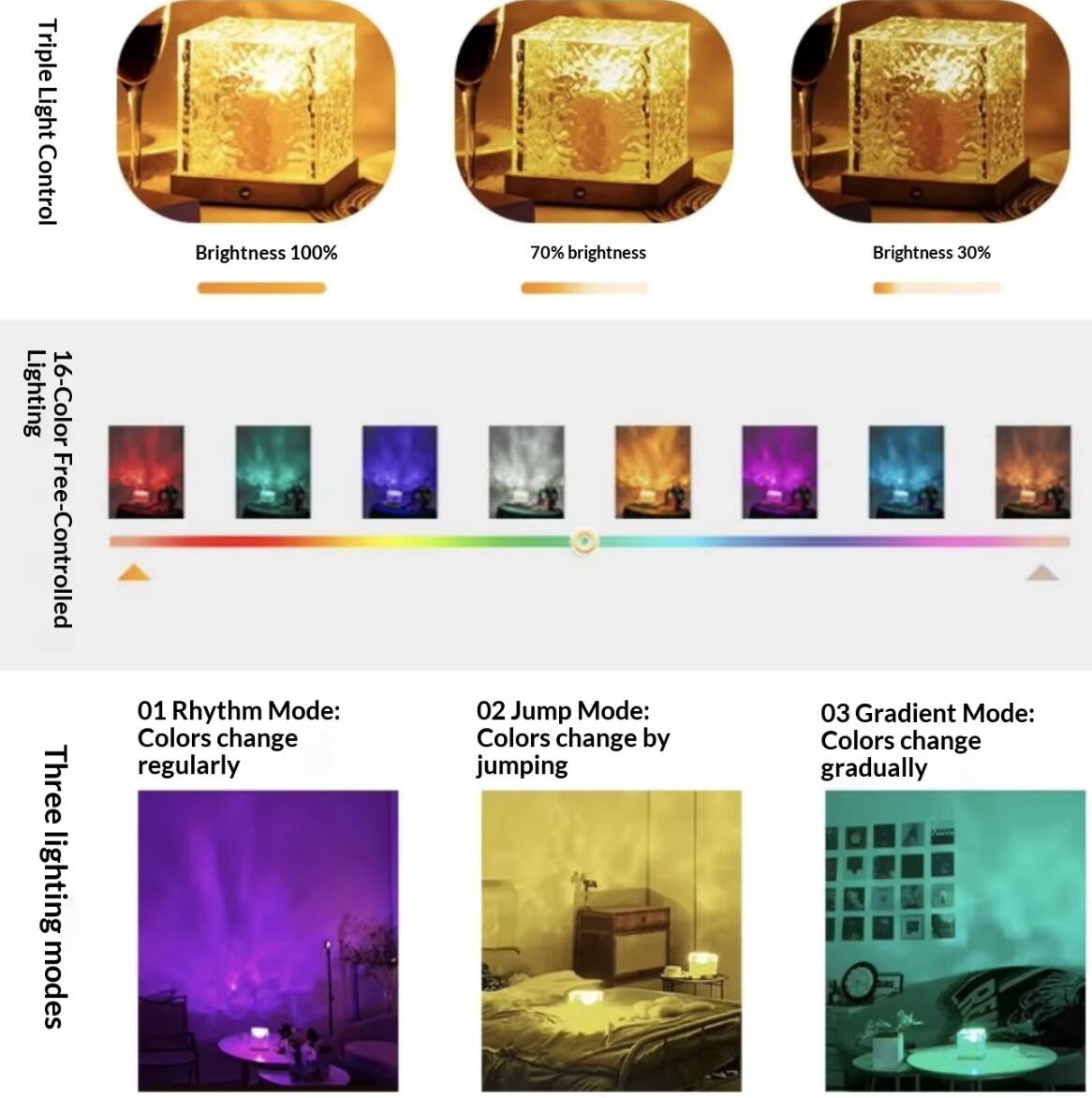 Triple Light Control  
Brightness 100%  
70% brightness  
Brightness 30%  

16-Color Free-Controlled  

Three lighting modes  
01 Rhythm Mode: Colors change regularly  
02 Jump Mode: Colors change by jumping  
03 Gradient Mode: Colors change gradually