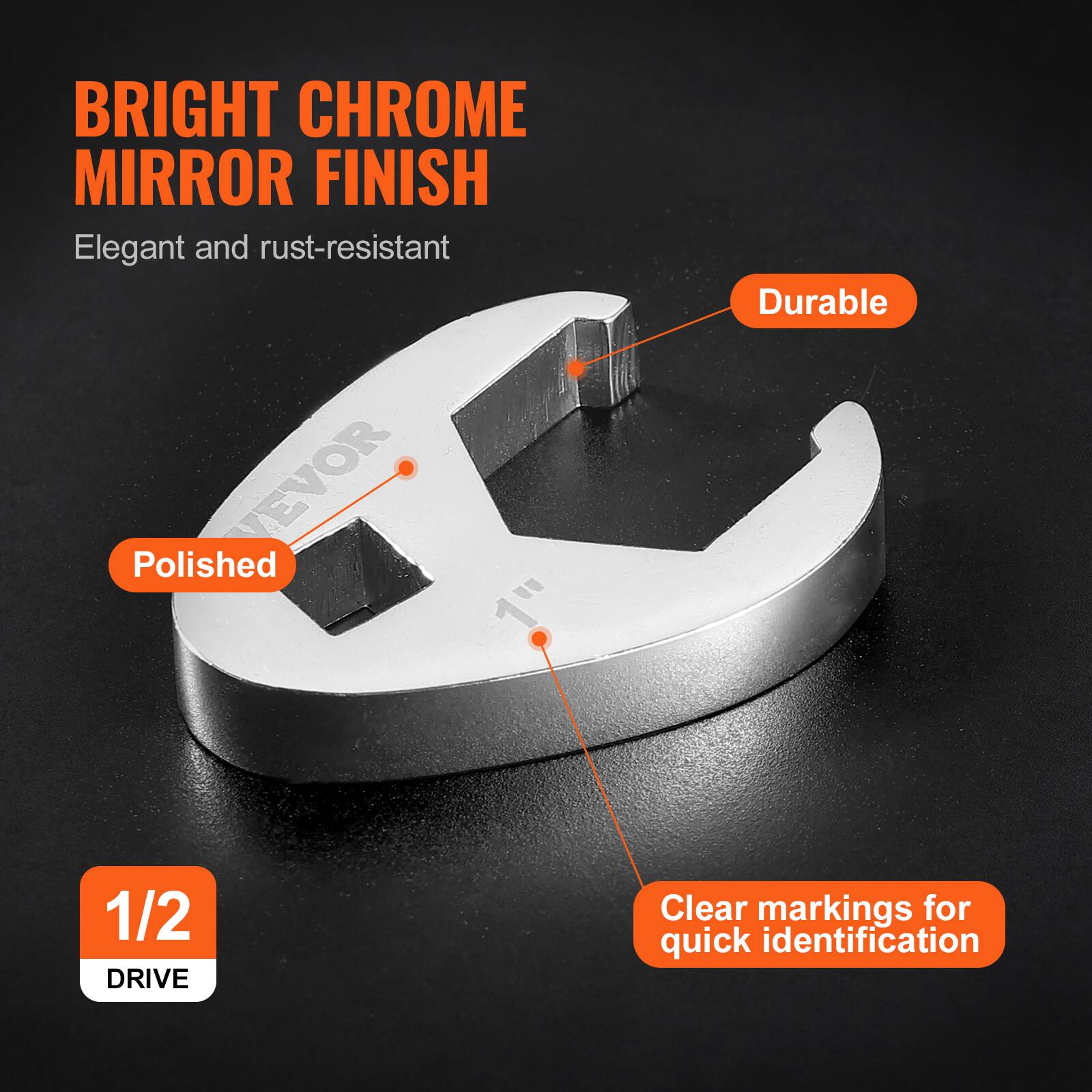 BRIGHT CHROME MIRROR FINISH  
Elegant and rust-resistant  

Durable  
Polished  
1/2 DRIVE  
Clear markings for quick identification