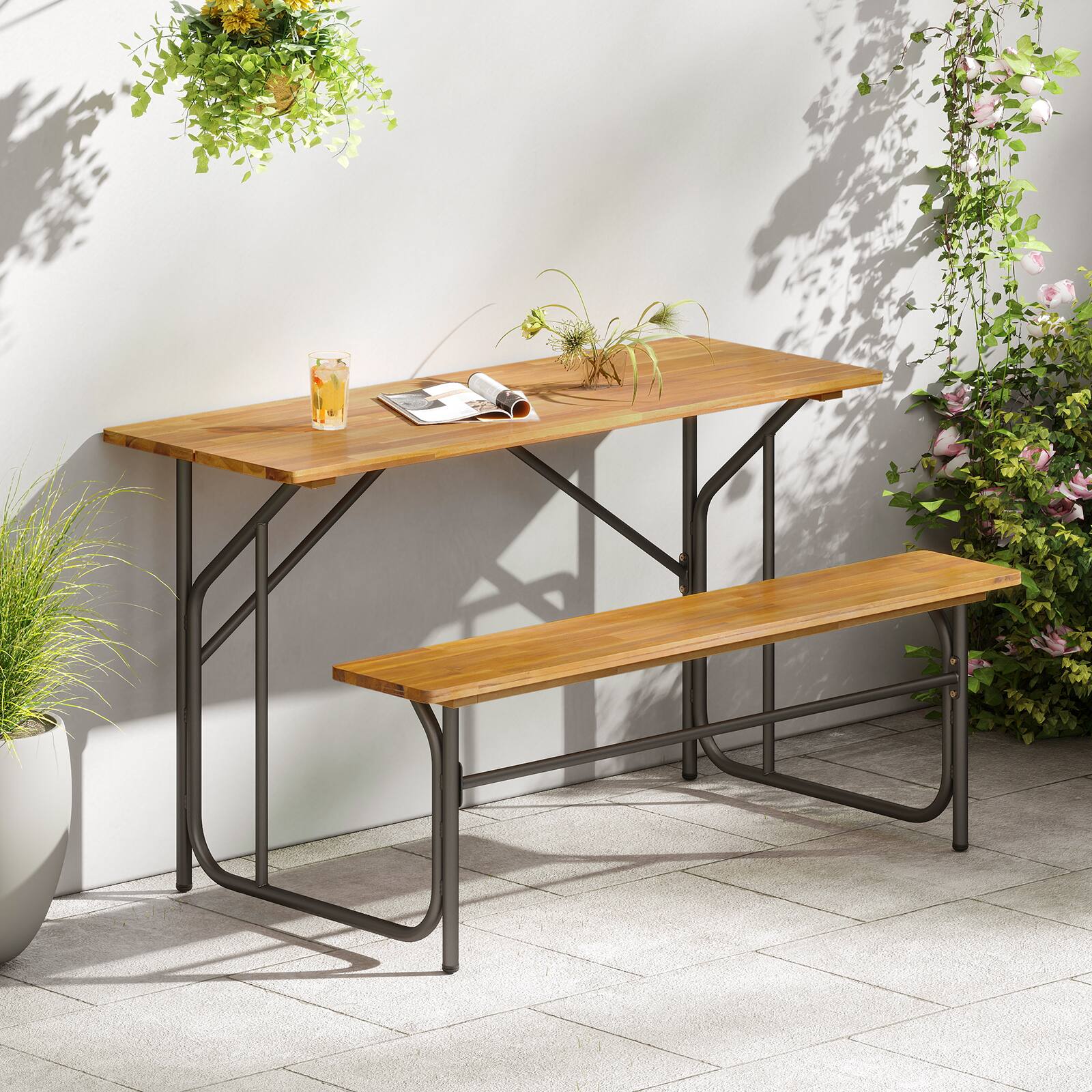 Alt View 1. Gymax - Gymax 2PCS Table Bench Set for 2 Picnic Table & Loveseat w/Acacia Wood Top Metal Legs - Black.