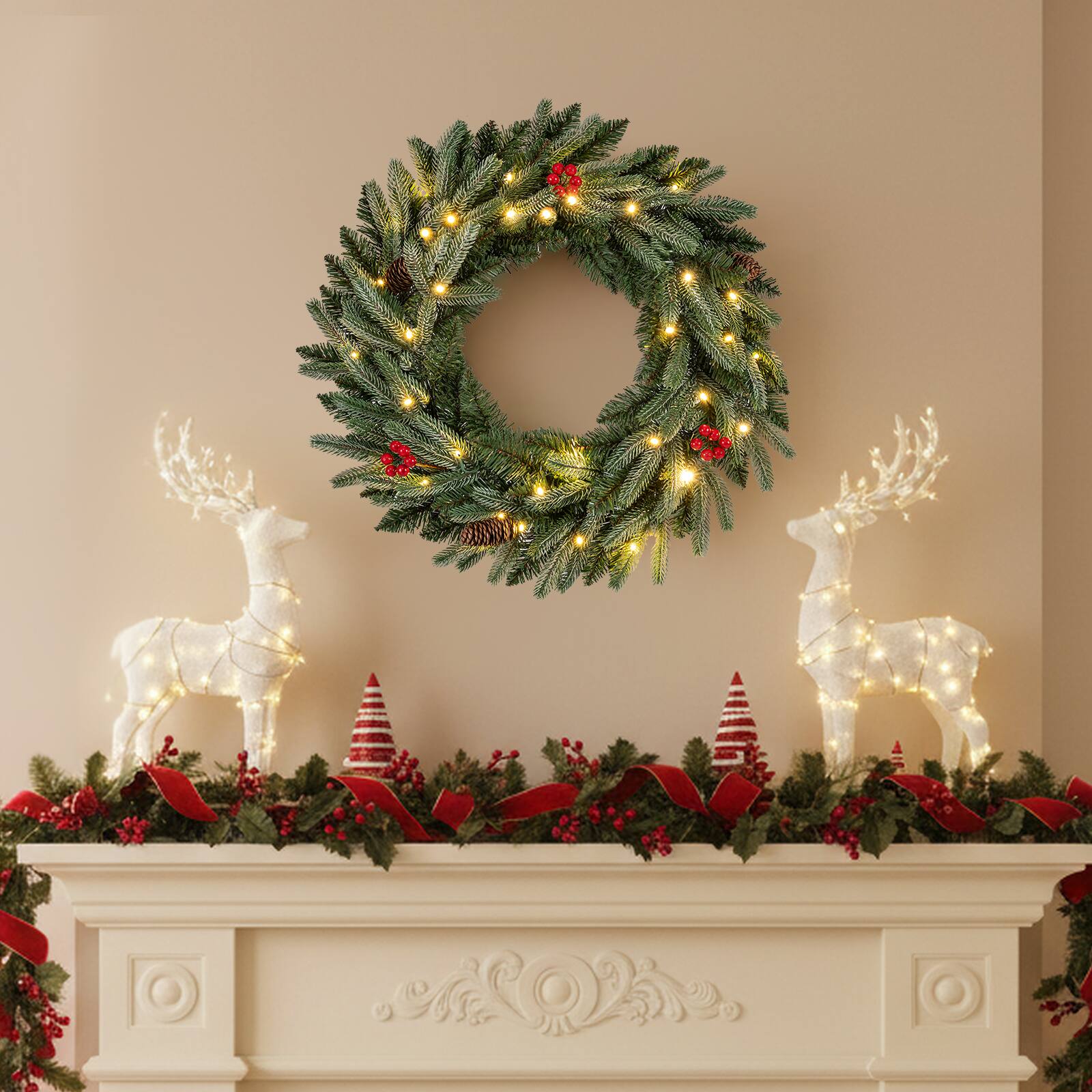 Alt View 1. Costway - Costway 2 PCS 24" Pre-lit Christmas Wreath Front Door Artificial Xmas Wreath with Red Berries Advent Calendar - Green.