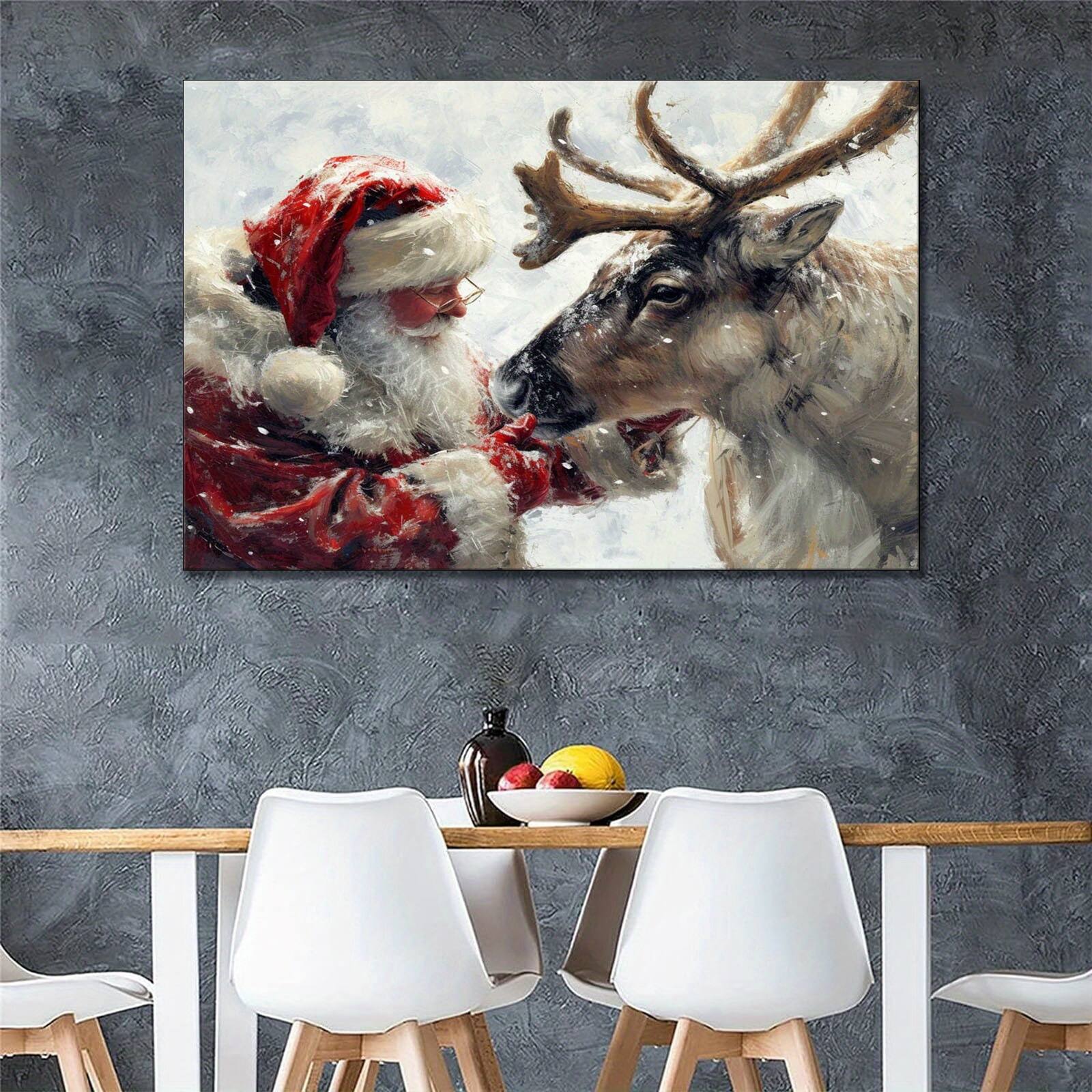 Left. blue - 1pc Wood Frame Santa Petting Reindeer Poster Canvas Painting Wall Art Modern Home Bedroom Office Aesthetic Decor - Stre - Color:12*18inch.