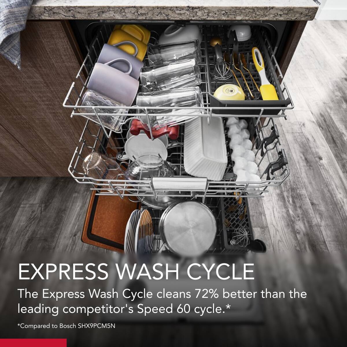 **EXPRESS WASH CYCLE**

The Express Wash Cycle cleans 72% better than the leading competitor's Speed 60 cycle.*

*Compared to Bosch SHX9PCM5N